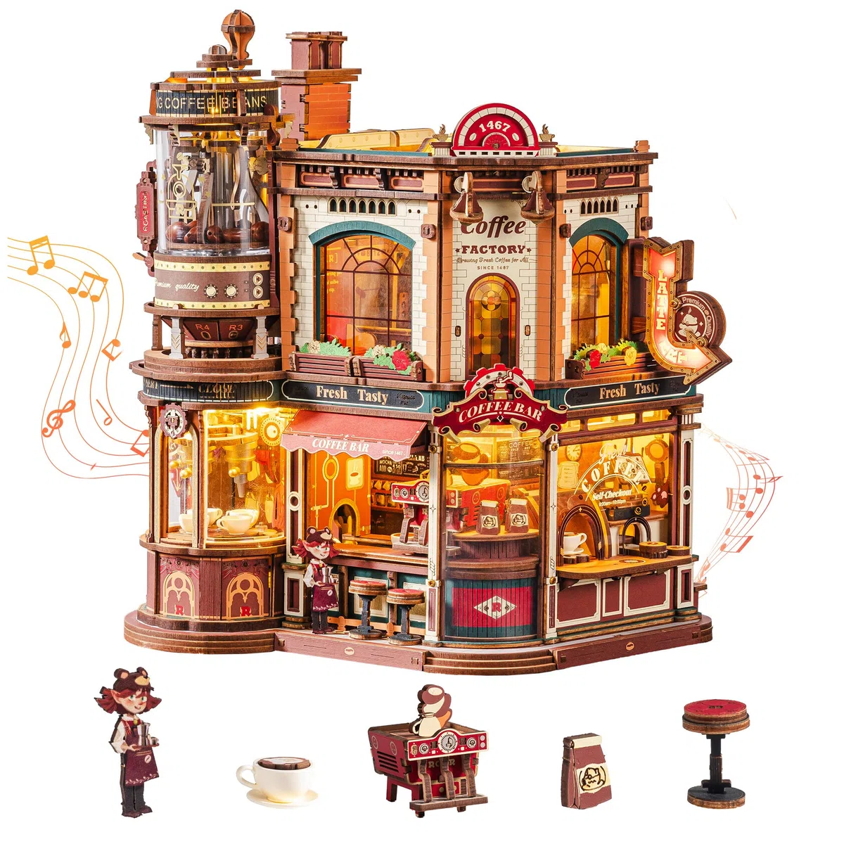 ROKR Dream Coffee Factory EAB02 Casa delle Bambole Miniatura DIY con Carillon per Adulti, Modello Meccanico con Parti Mobili, Luci LED e Musica Jazz, Regalo Creativa
