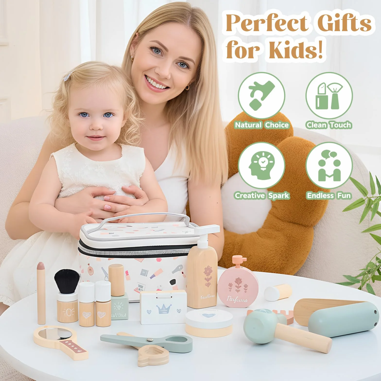 GAGAKU Set di trucchi in legno per ragazze dai 3 anni in su, con accessori realistici come rossetto e specchio, perfetto per bambini