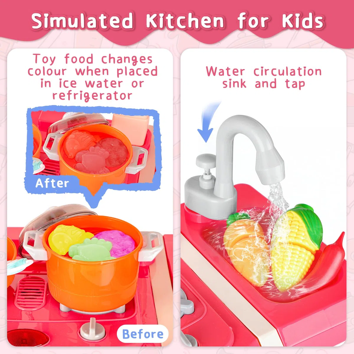 deAO Cucina Giocattolo per Bambini, Gioco di Ruolo da Cucina in Miniatura con Luce Suono Acqua Vapore e Accessori da Cucina, Cucina Studio con Frigorifero Lavastoviglie Fornello Lavello Forno Cibo