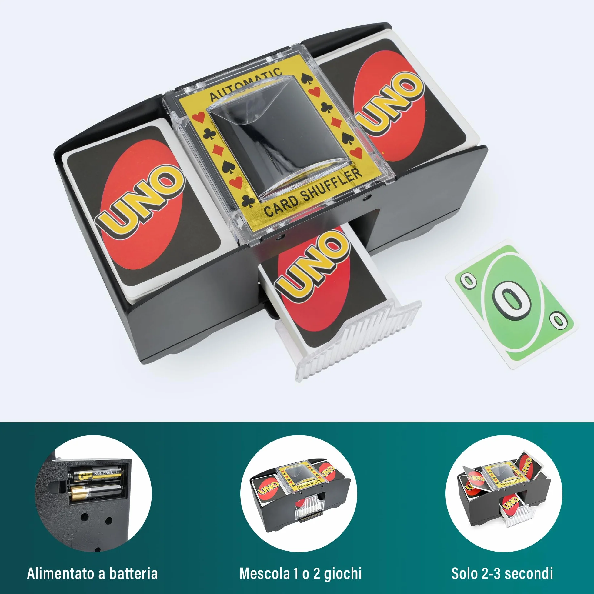 Mischia Carte Automatico, Mescolatore Cartes da Gioco Elettrico per 1-2 Mazzi, Mescola Cartes Elettrico, Distributore Carte da Gioco per UNO, Poker, Blackjack - Funzionamento a Batteria