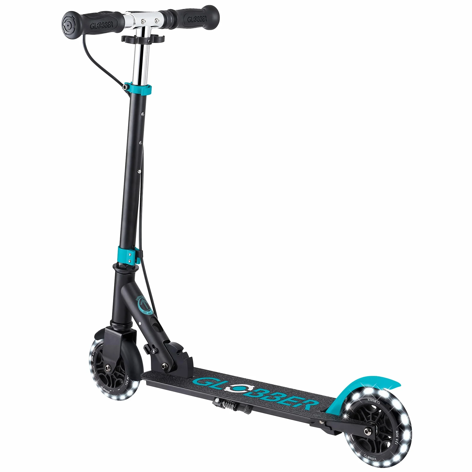 Globber - FLOW ELEMENT JUNIOR LIGHTS - monopattino pieghevole a 2 ruote con freno posteriore, manubrio regolabile e luci LED, per bambini dai 4 anni - azzurro turchese