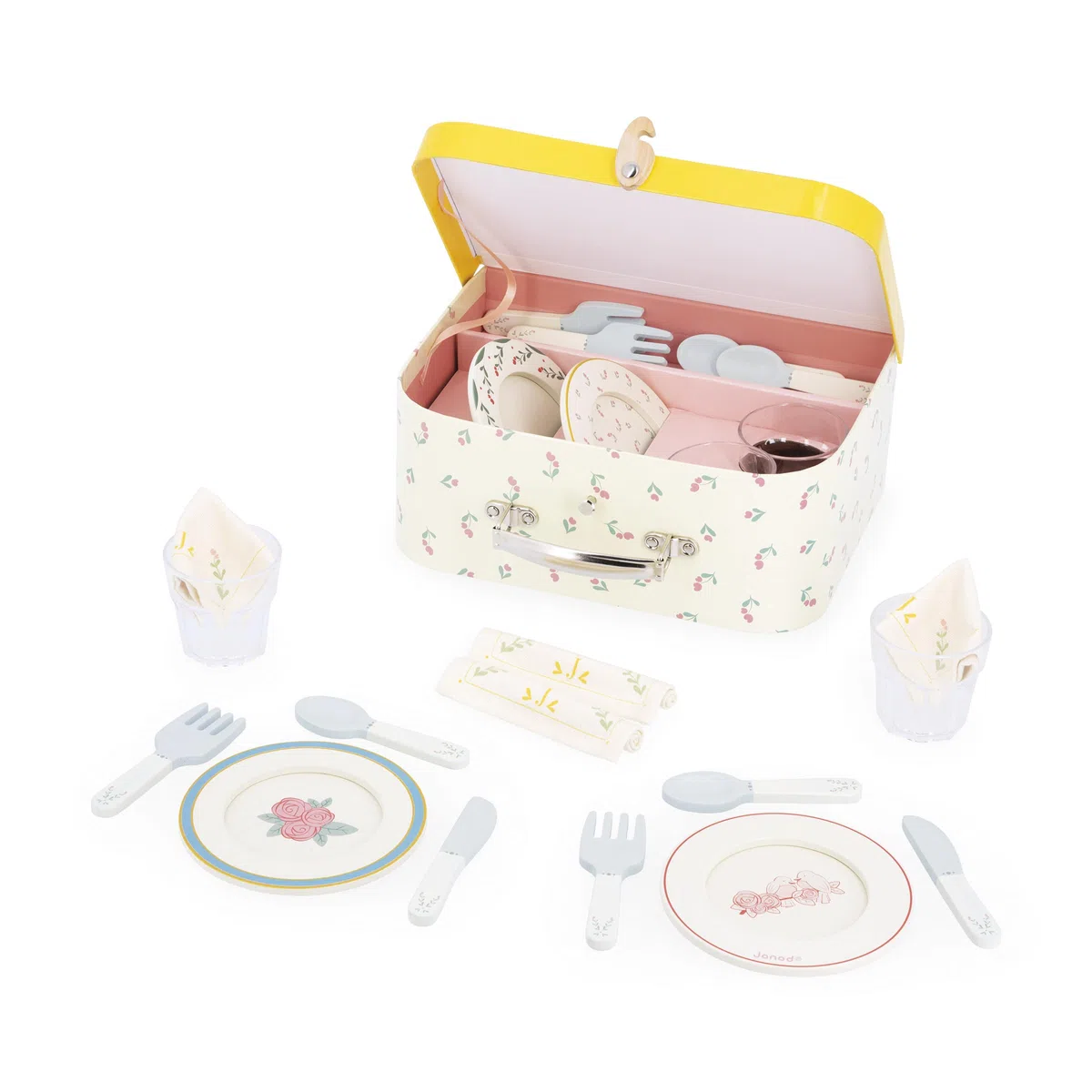 Janod Set da Tavolo in Legno, Kit da Picnic per Bambini, per 4 Persone, 25 Pezzi, Set in Cartone, Accessori da Cucina Ideali per Bambini, Sviluppa l'immaginazione, da 3 Anni, J06637