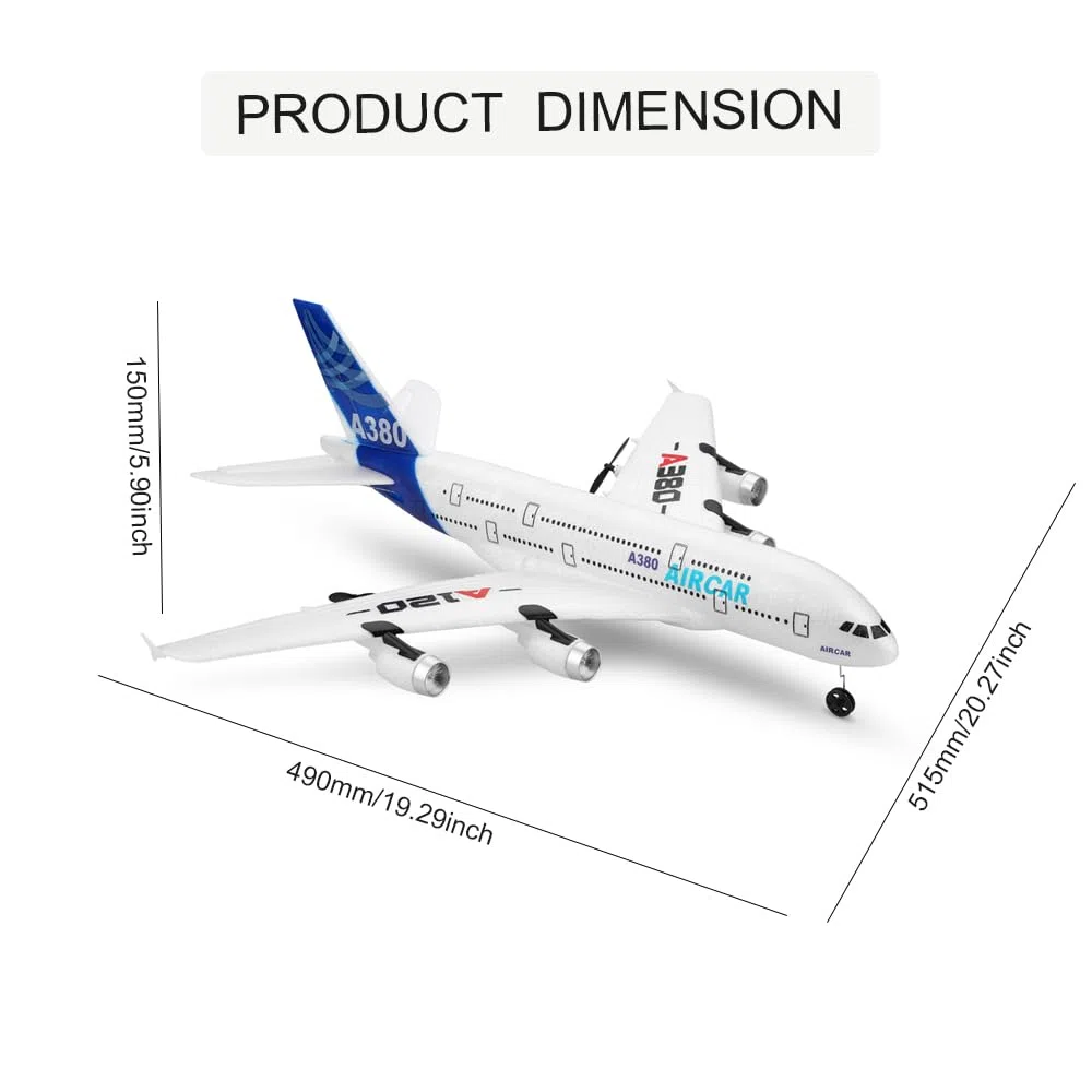 Aereo RC A120-Aircar A380, Aerei Telecomandato ad Ala Fissa EPP a 3 Canali per Esterni, Modello di Aereo A380 con Trasmettitore a 2,4 GHz