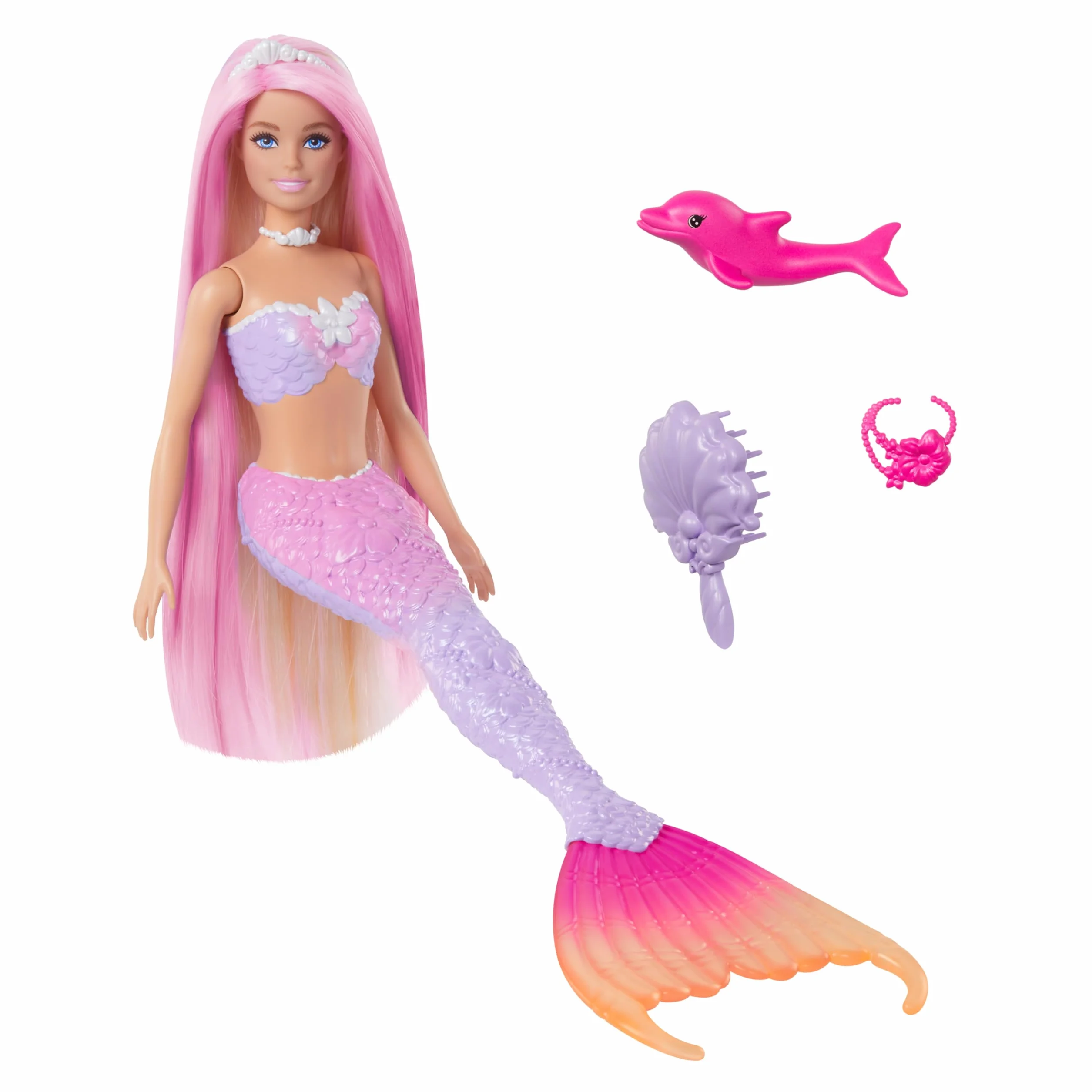 Barbie - Malibu Sirena, bambola con capelli rosa e accesory per lo styiling, funzione cambia colore in acqua, cucciolo di delfino incluso, giocattolo per bambini, 3+ anni, HRP97