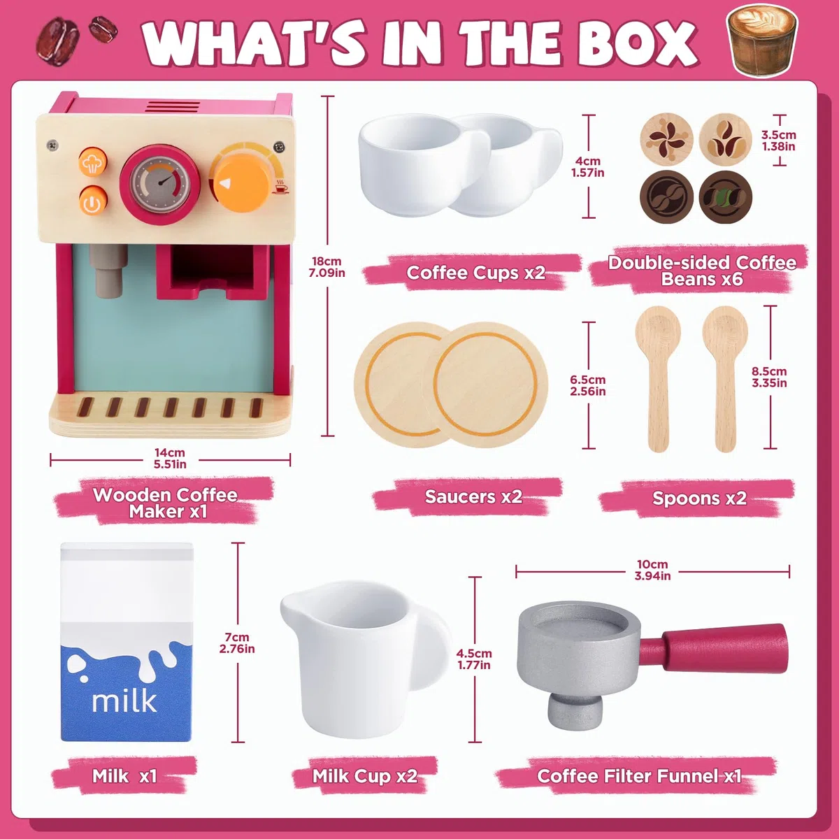 GAGAKU Macchina da caffè in legno per bambini dai 3 anni in poi con lattiera e accessori, giocattolo educativo, gioco di ruolo, regalo di compleanno per ragazzi e ragazze