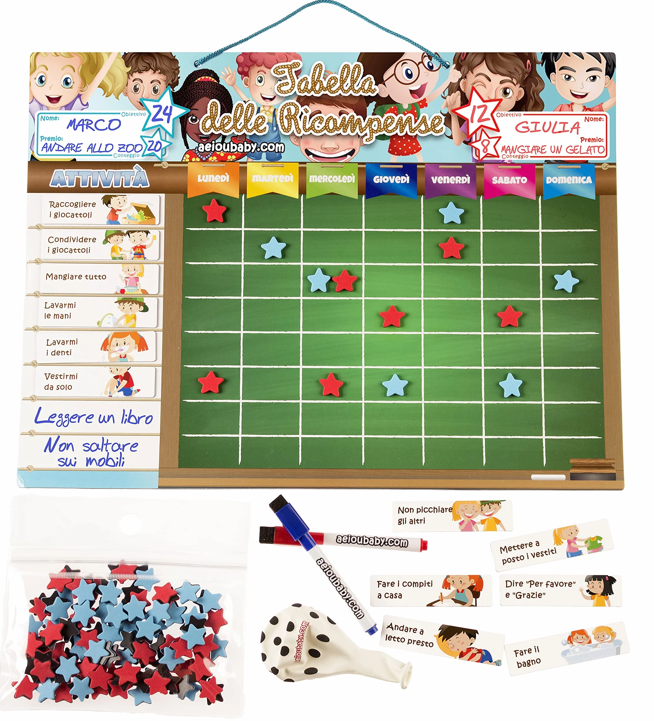 TABELLA DELLE RICOMPENSE Magnetica Grande | Lavagna dei Rinforzi per Parete o Frigorifero, 43x32 cm 22 Attività, 2 Pennarelli e 1 Palloncino | Scatola regalo per bambini e compleanni (Italiano)