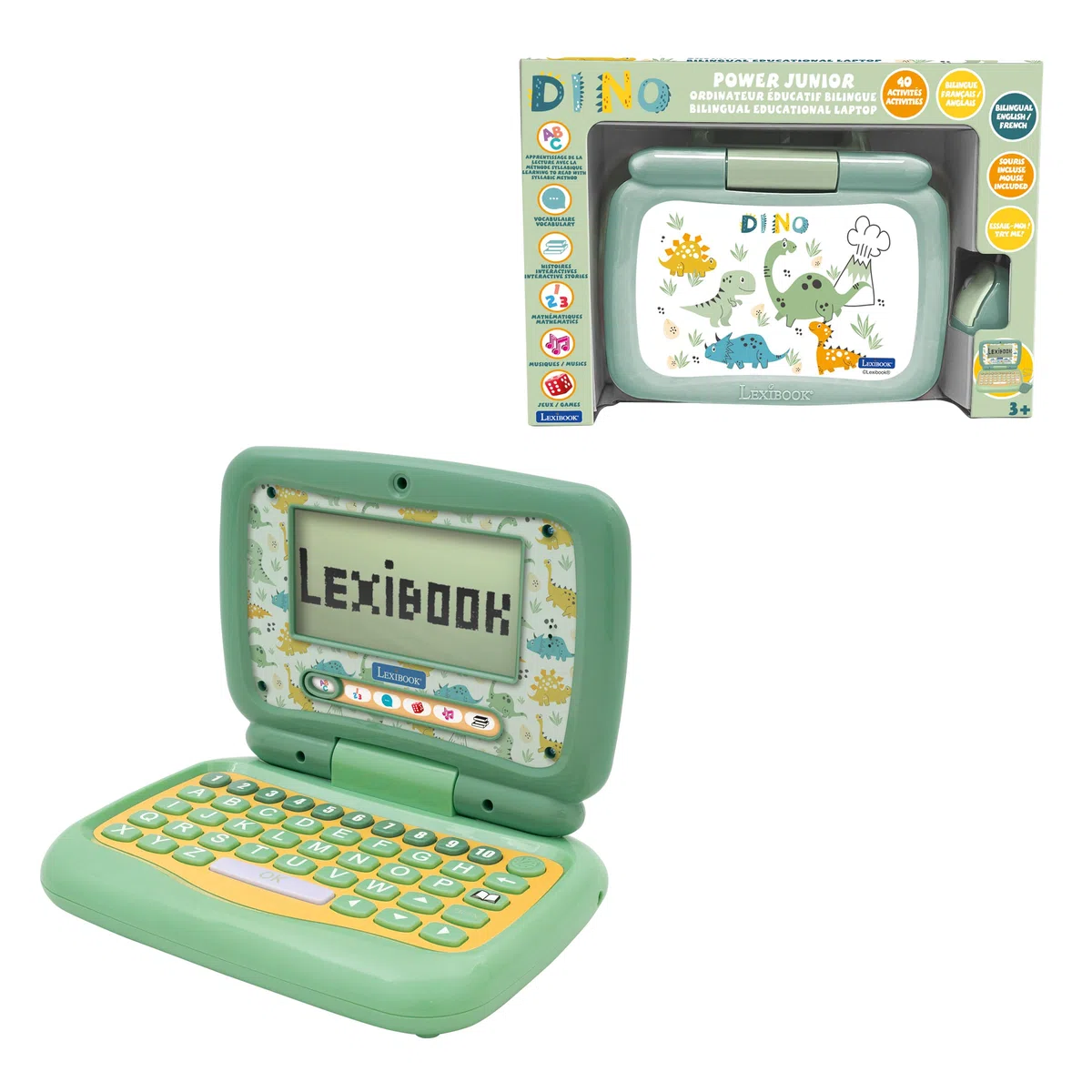 Lexibook, Computer Portatile educativo bilingue INGLEI/Francese Dinosauro, 40 attività educative, JC398DINOi1