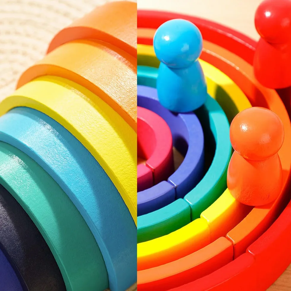 Kiuiom 4 Pezzi Arcobaleno Giocattolo In Legno,Blocco Arcobaleno Impilabile,Mattoncini Impilabili Per Bambini Piccoli,Giocattolo Educativo Montessori Da Costruzione,per Ragazzo Ragazza Regalo