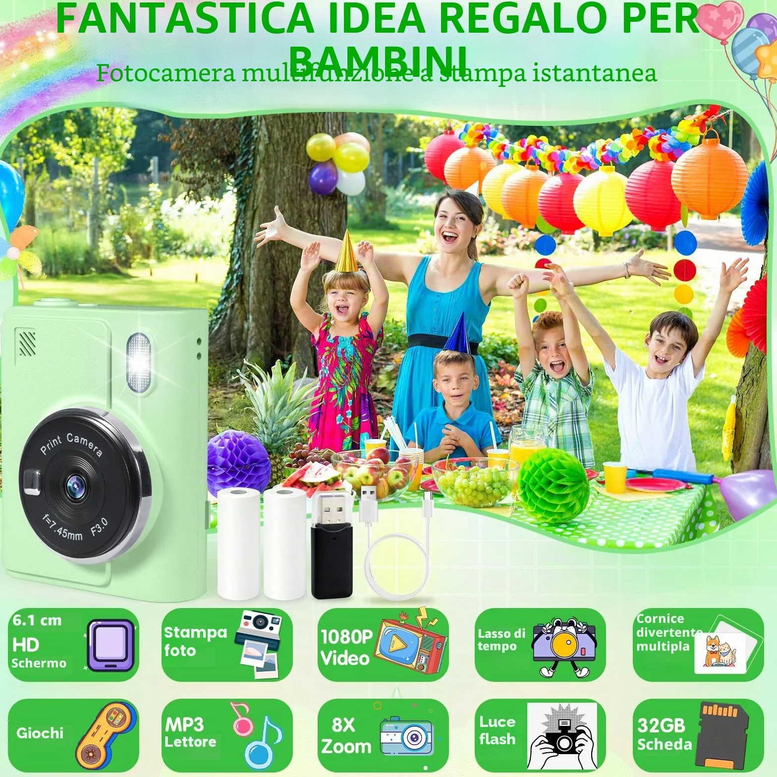 Macchina Fotografica Bambini Istantanea,2.4 Pollici 1080P Fotocamera Digitale Bambini con 32GB e 6 Rotoli di Carta da Stampa,Fotocamera,per Bambine i dai 3-12 Anni
