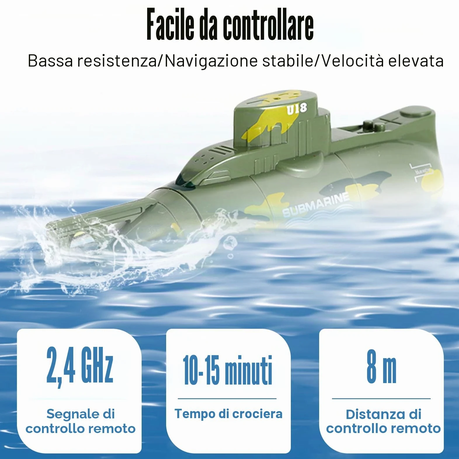 OBEST Mini RC Giocattolo Sottomarino, Telecomandata Modello di Barca Subacquea, 6 Canali Simulato Militare Nave Subacquea Elettrica, Radiocomandato Barca Regalo Compleanno per Bambini dai 3 Anni in su
