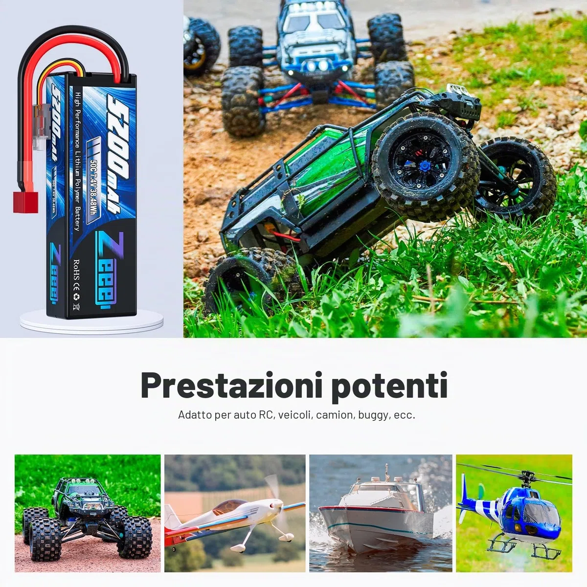 Zeee 2S Lipo Batteria 7,4V 50C 5200mAh RC Batteria Hardcase con Connectore Deans T Spina per RC Evader BX RC Veicolo Auto LKW Truggy RC Nave RC Modells RC Hobby (2 pezzi)