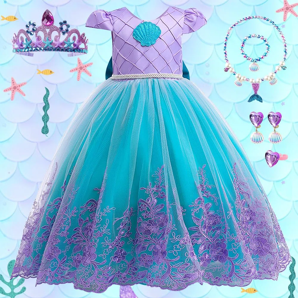 Vestito Principessa Bambina, Principessa Costume con Corona Set, Ragazze Costume, Fantasia Vestito per Halloween Carnevale Cosplay Compleanno Natale Festa