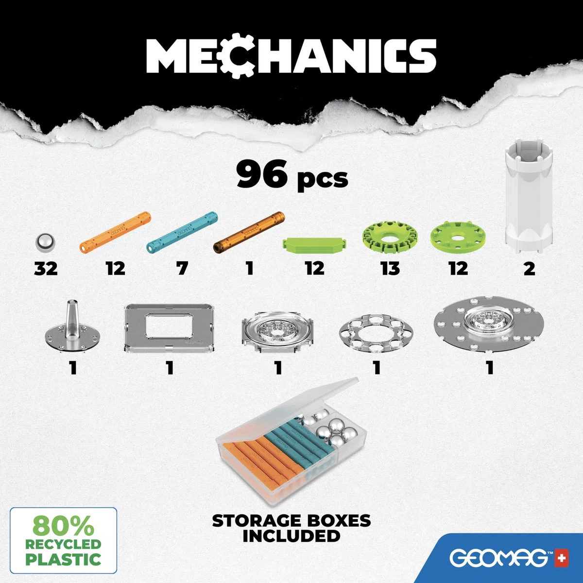 Geomag - Mechanics Motion Magnetic Gears - Gioco Educativo e Creativo per Bambini - Costruzioni Magnetiche - Confezione da 96 Pezzi