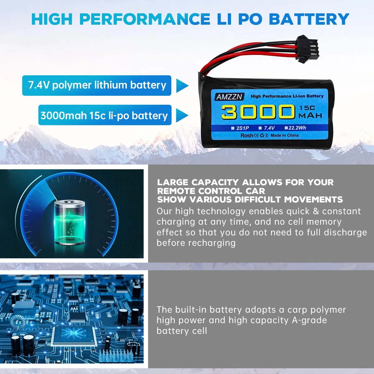 2PCS 7.4V 3000mah 15C 2S SM-4P spina Li ion batteria con caricabatterie USB per EC08 DE85 RC auto,Camion RC nave telecomando drone ingegneria veicolo batteria di riserva
