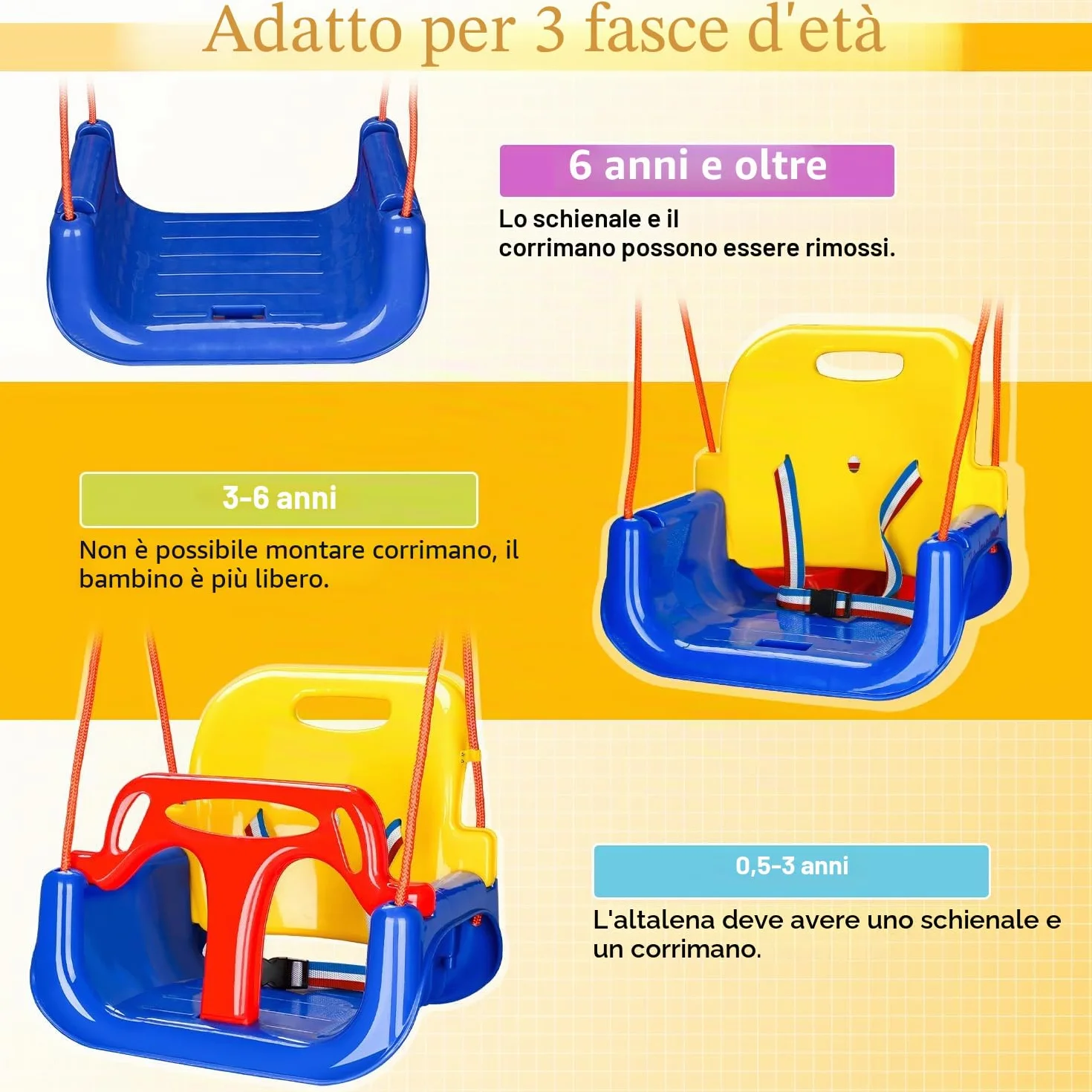 Altalena per bambini 3 in 1, rimovibile, regolabile in altezza, altalena da giardino per bambini con schienale e cintura di sicurezza, per interni ed esterni, portata fino a 50 kg