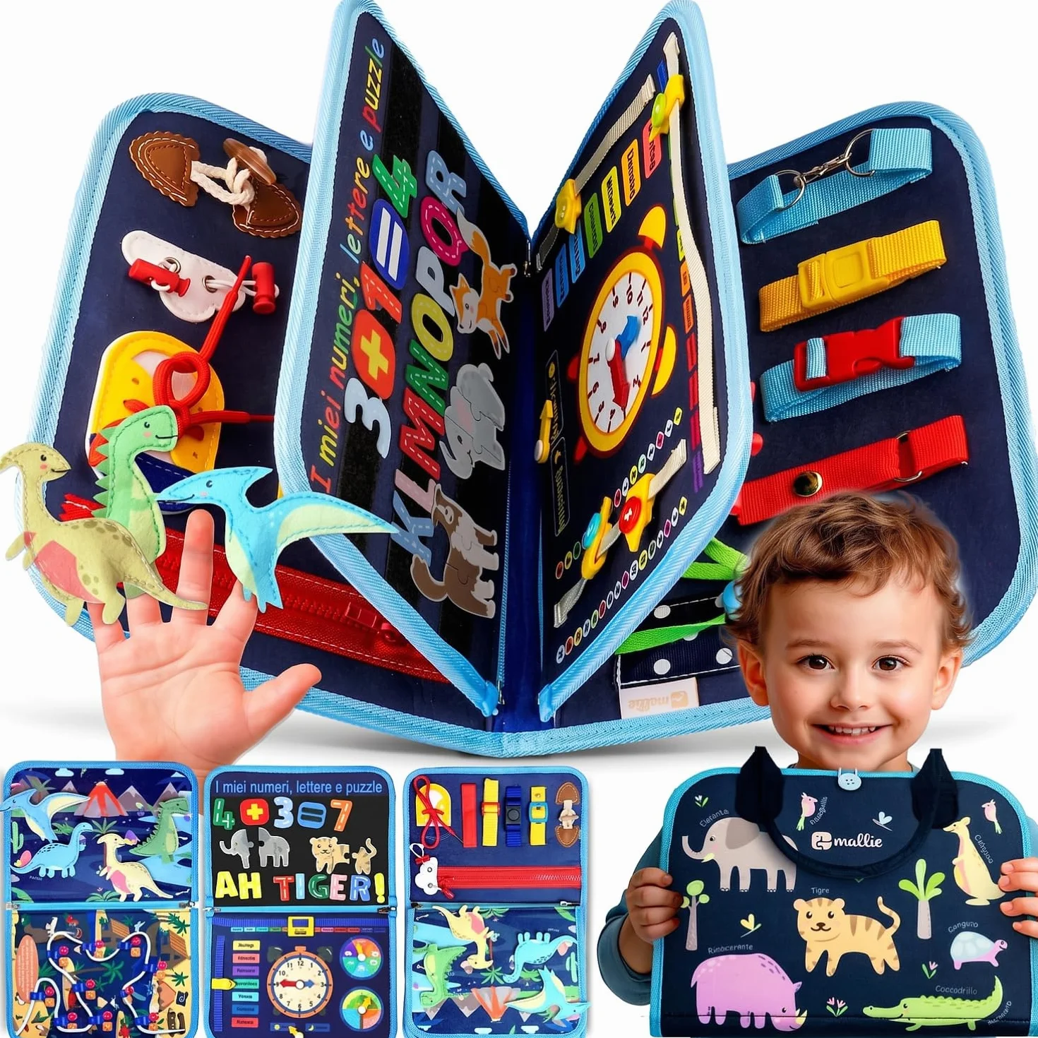 Mallie® Montessori Busy Board in Italiano per 1 2 3 Anni con Gioco di Ruolo e Marionette – Busy Board Montessori 1 Anno, Busy Book, Libro Montessori Interattivo 1 Anno, Libro Interattivo 2 Anni