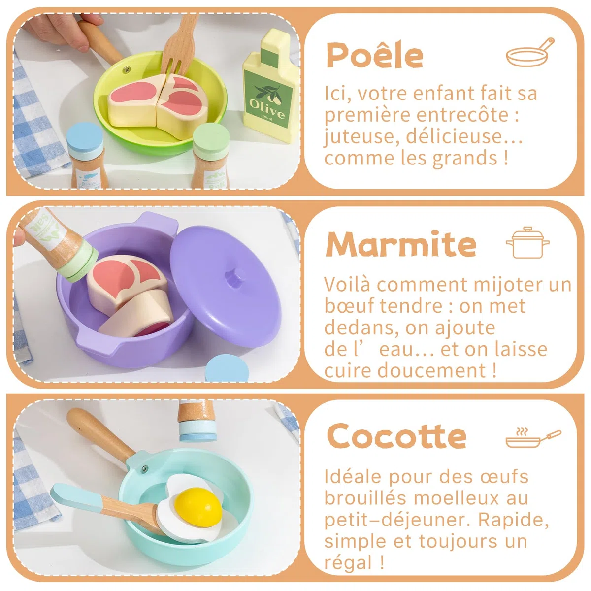 Set Cucina Bambini in Legno 21 Pezzi con Pentole e Accessori, Giocattolo Educativo Montessori e Gioco di Ruolo per Creatività, Età 3+ Anni