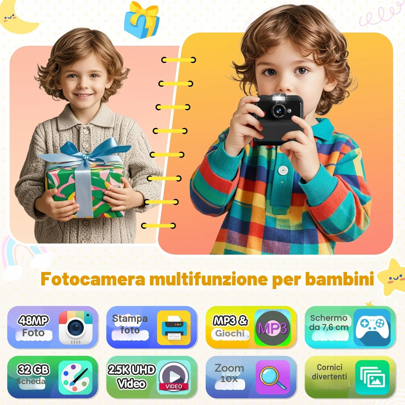 CAMCLID Macchina Fotografica Istantanea Bambini 48MP 2,5 UHD 3,0 Pollici con Scheda 32GB Nero