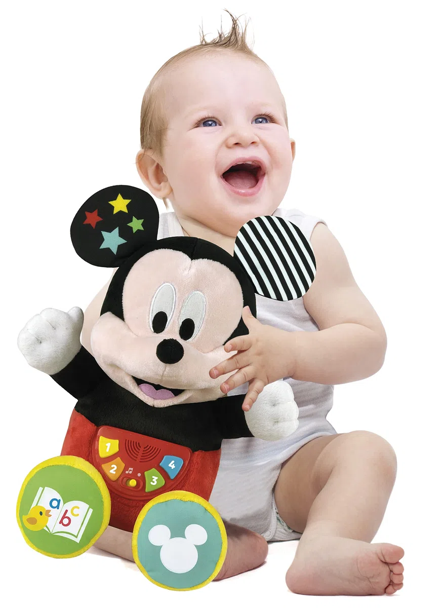 Clementoni Baby - Disney Baby Mickey Prime Storie, Peluche Raccontastorie Interattivo per Bambini 12+ Mesi, con 4 Libricini Illustrati, 100% Lavabile, Lingua Italiana, 17734