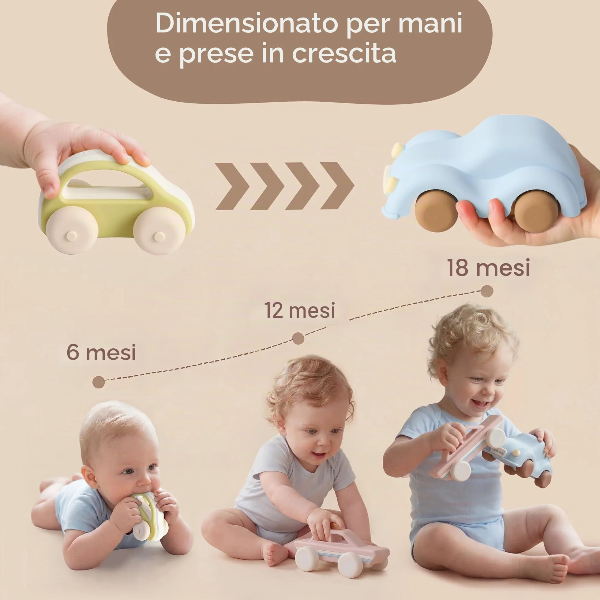Moonkie Roll & Go Macchinine per Bambini, Set da 3, Regalo Bambino 1 2 3 Anno, Giochi Bambini in Silicone 6 Mesi+, Senza BPA, Massaggia Gengive Neonati, per Maschi e Femmine, Giochi Montessori