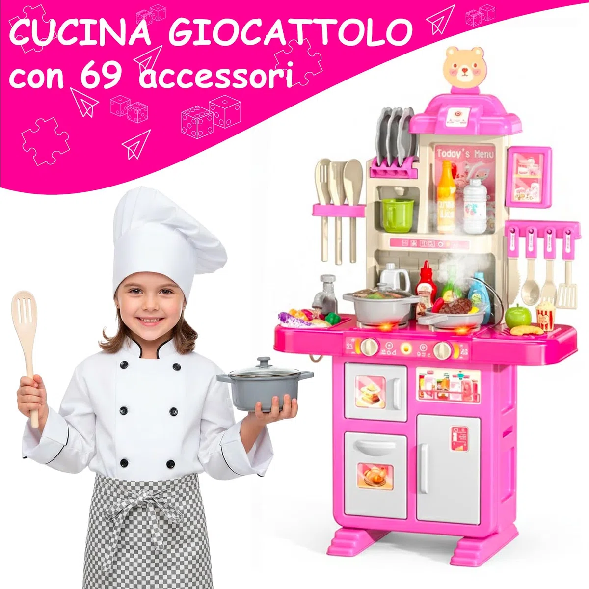 BRICOZONE Cucina Giocattolo Per Bambini Con Luci Suoni Ed Effetto Vapore Set Cucina Completo Con 69 Accessori Frigorifero Forno Rubinetto Con Riciclo Acqua 3 5 Anni (Rosa)