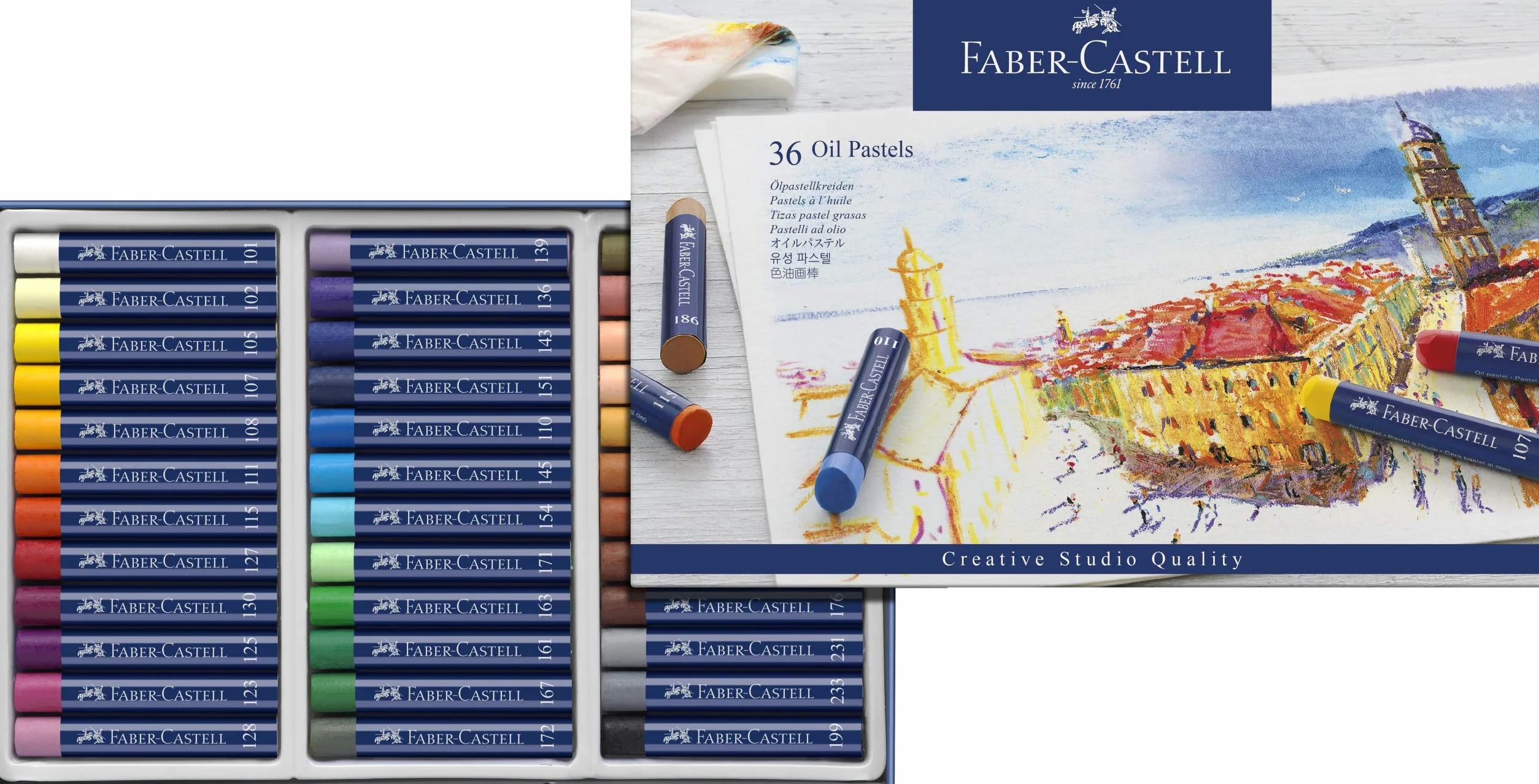 Faber-Castell Studio Quality 127036 - Gessetti ad olio in confezione da 36, consistenza cremosa, senza acidi, alta pigmentazione, colori vivaci