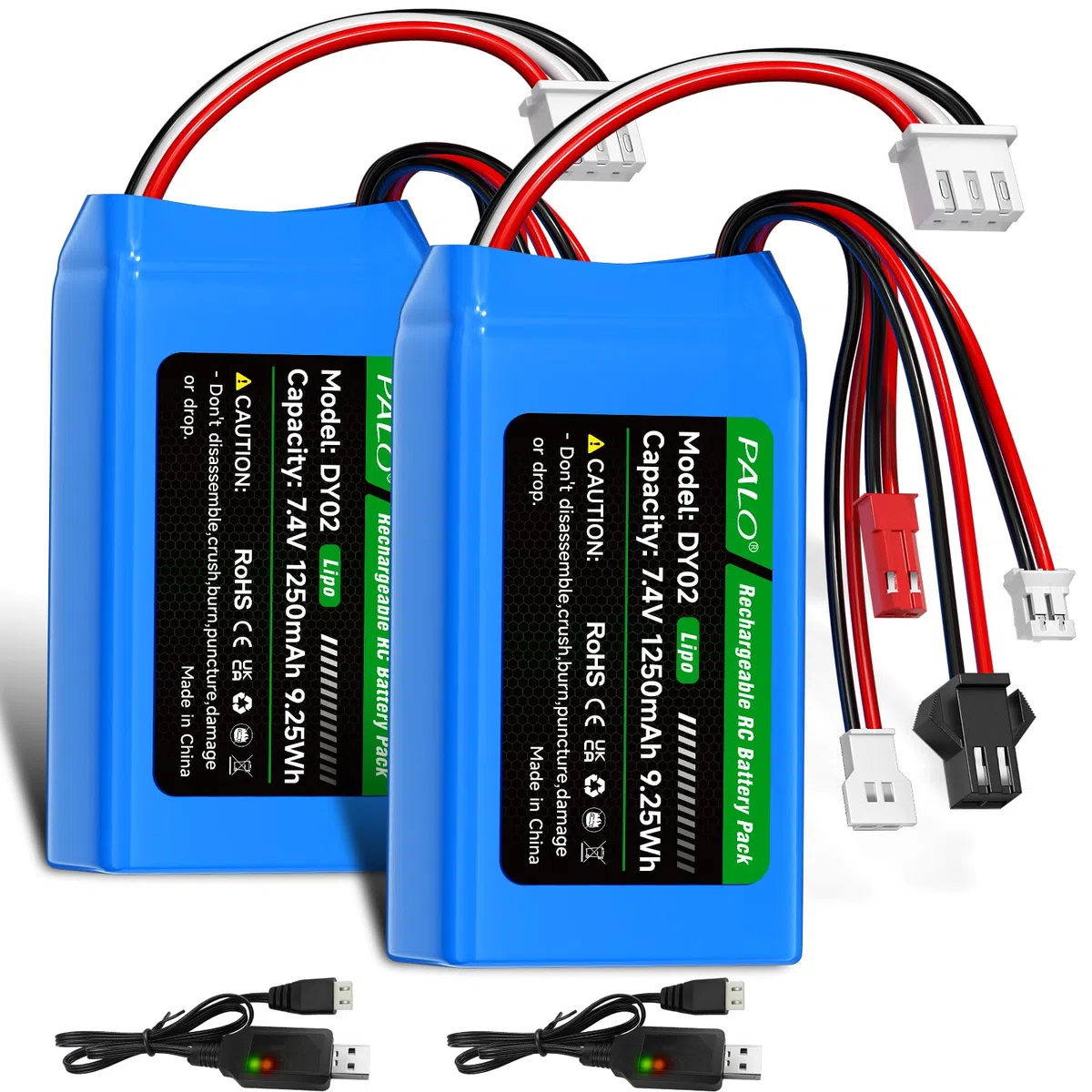 Batteria 7,4 V Lipo 1250 mAh PH2.0/JST/SM-2P/MX2.0 batteria 25C, Spina bilanciata XH2.54-3P & caricatore USB, per WLtoys RC Crawler SCX24 CR18P FCX18 FCX24, per RC Auto Boat Aereo, 2 pezzi