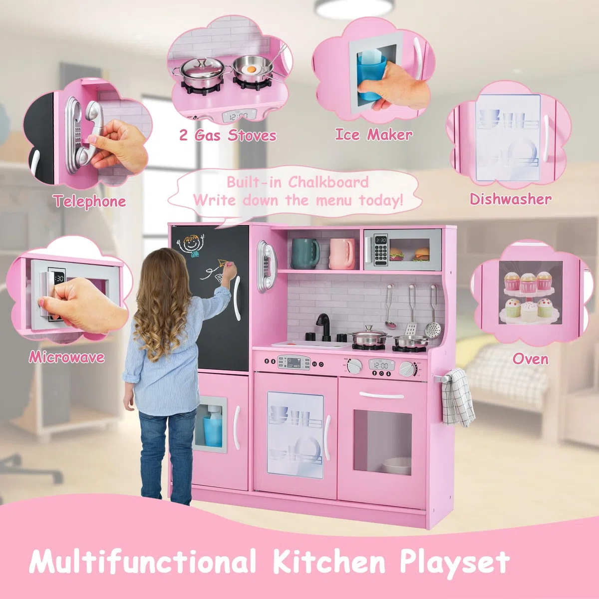 HOMASIS Cucina Giocattolo con 10 Accessori, Cucina in Legno per Bambini con Suoni con Lavagna, Lavello, Fornelli, Macchina del Gelato, Telefono, Cucina per Bambini dai 3 Anni (Rosa)