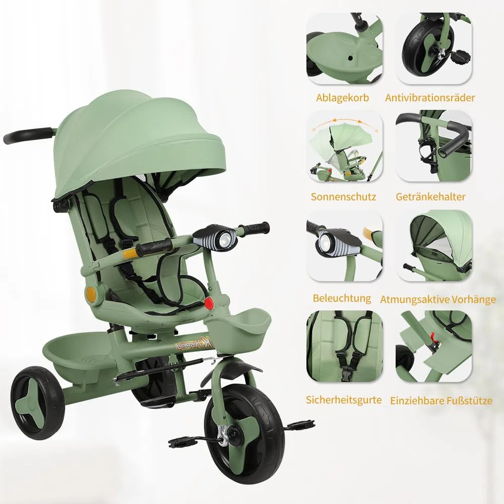 Triciclo bambini fino 25 kg, Passeggino con Maniglione regolabile, Bici, Sedile girevole Fronte Mamma e Strada, Cappottina pieghevole, Ruota libera,100 * 75 * 50 cm - Verde