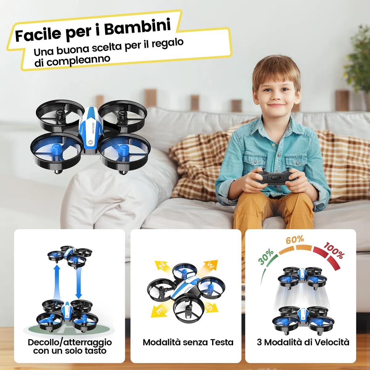 Holy Stone HS210 Mini Drone per Bambini e Principianti RC Nano Quadcopter Indoor Piccolo Elicottero con Hovering Automatico, 3D Flip e 3 Batterie, Grande Giocattolo Regalo per Ragazzi e Ragazze, Blu