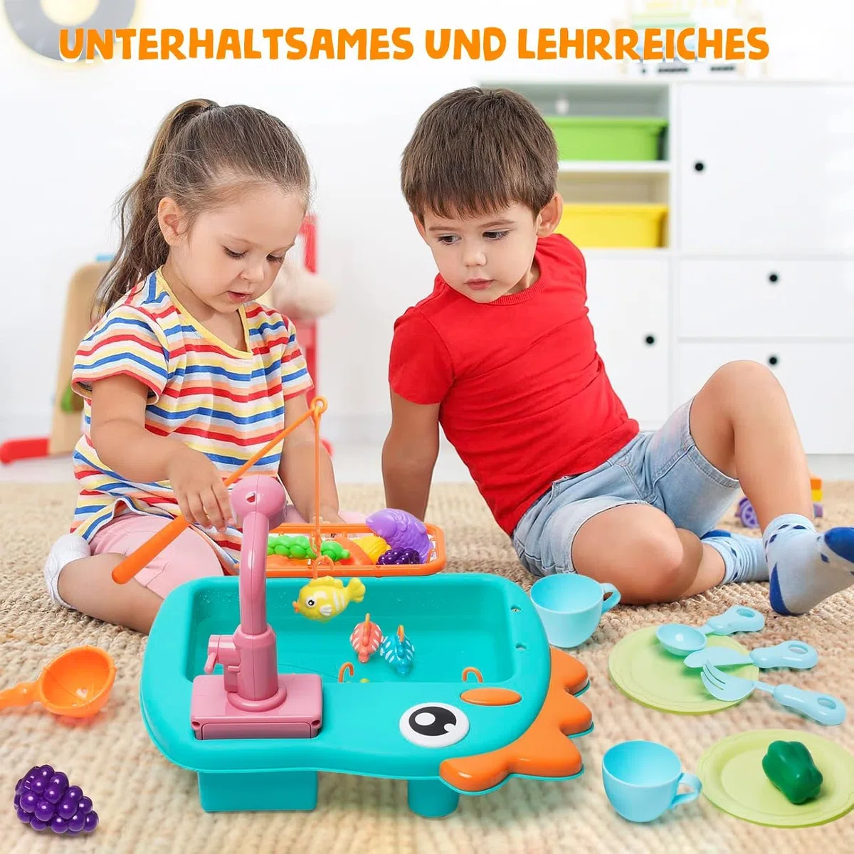 Lavandino Giocattolo con Acqua, Lavello per Bambini, Sistemi Automatici di Circolazione Dell'acquacon, Mini Lavastoviglie con Gioco di Pesca,Giocattoli di Ruolo per Ragazzi Ragazze,Verde