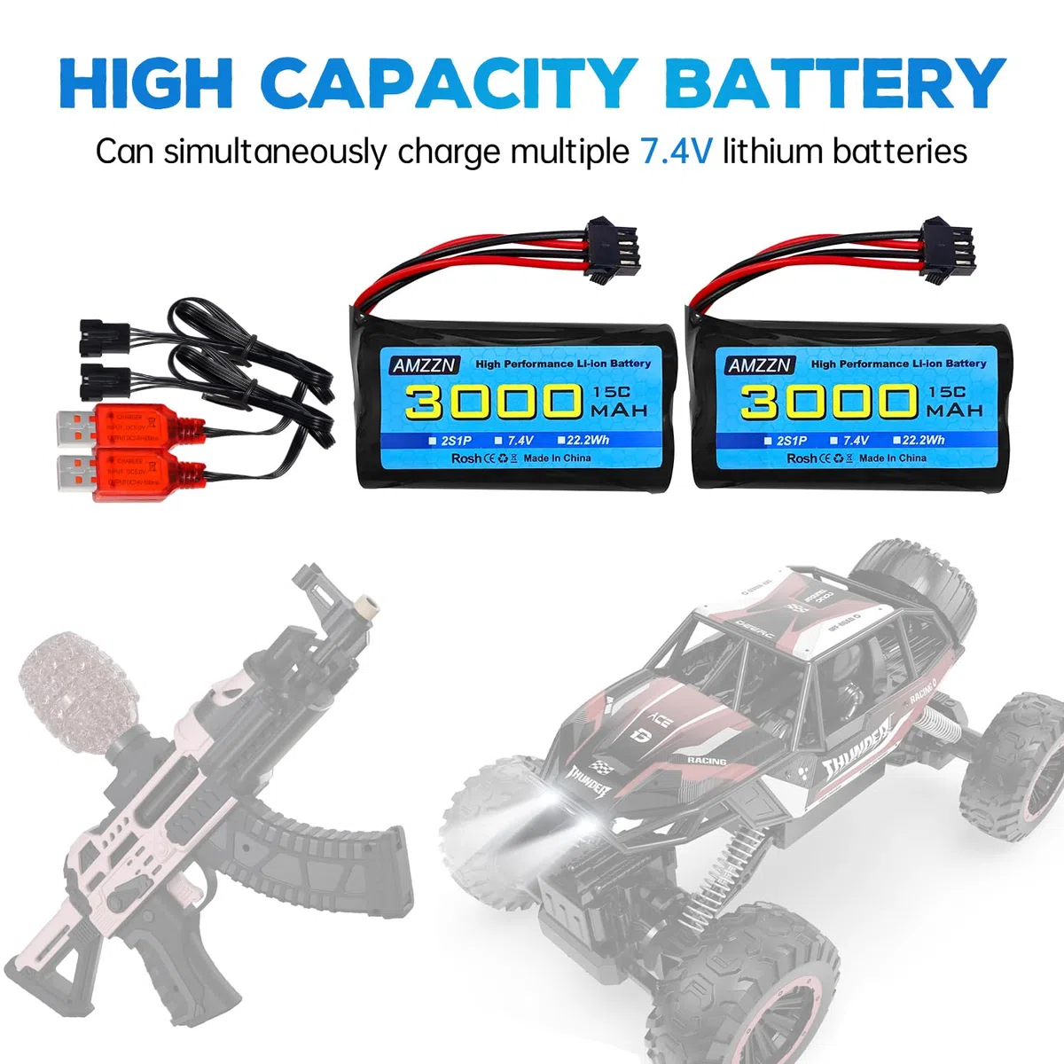 2PCS 7.4V 3000mah 15C 2S SM-4P spina Li ion batteria con caricabatterie USB per EC08 DE85 RC auto,Camion RC nave telecomando drone ingegneria veicolo batteria di riserva