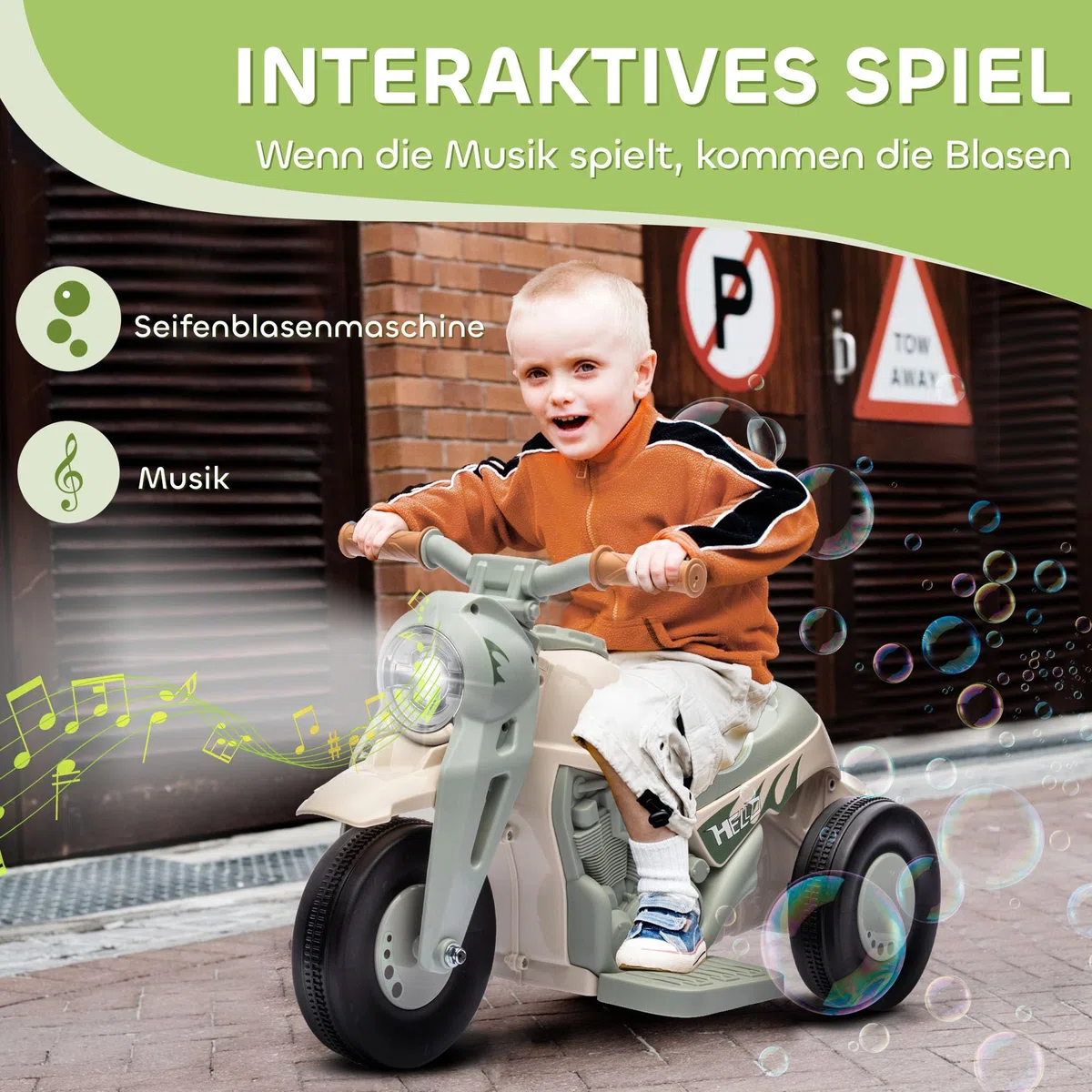 Moto elettrica per bambini AIYAPLAY, moto per bambini da 6V con musica, bolle di sapone, veicolo per bambini con faro, 2,5-3 km/h, per bambini da 2 a 5 anni, max. 30 kg, bianco crema