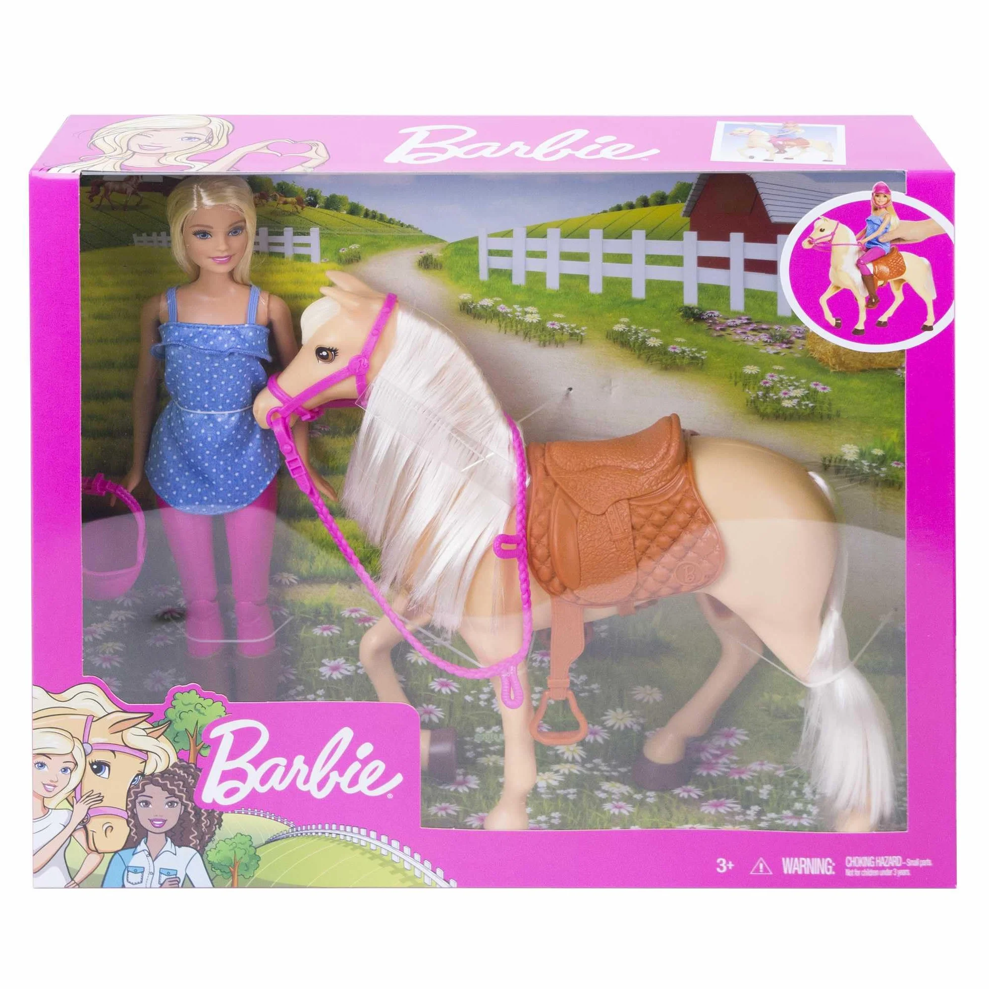 Barbie - Playset Bambola e Cavallo, include una Barbie snodata bionda con il caschetto e il suo cavallo marrone con sella e briglie rimovibili, giocattolo per bambini, 3+ anni, FXH13
