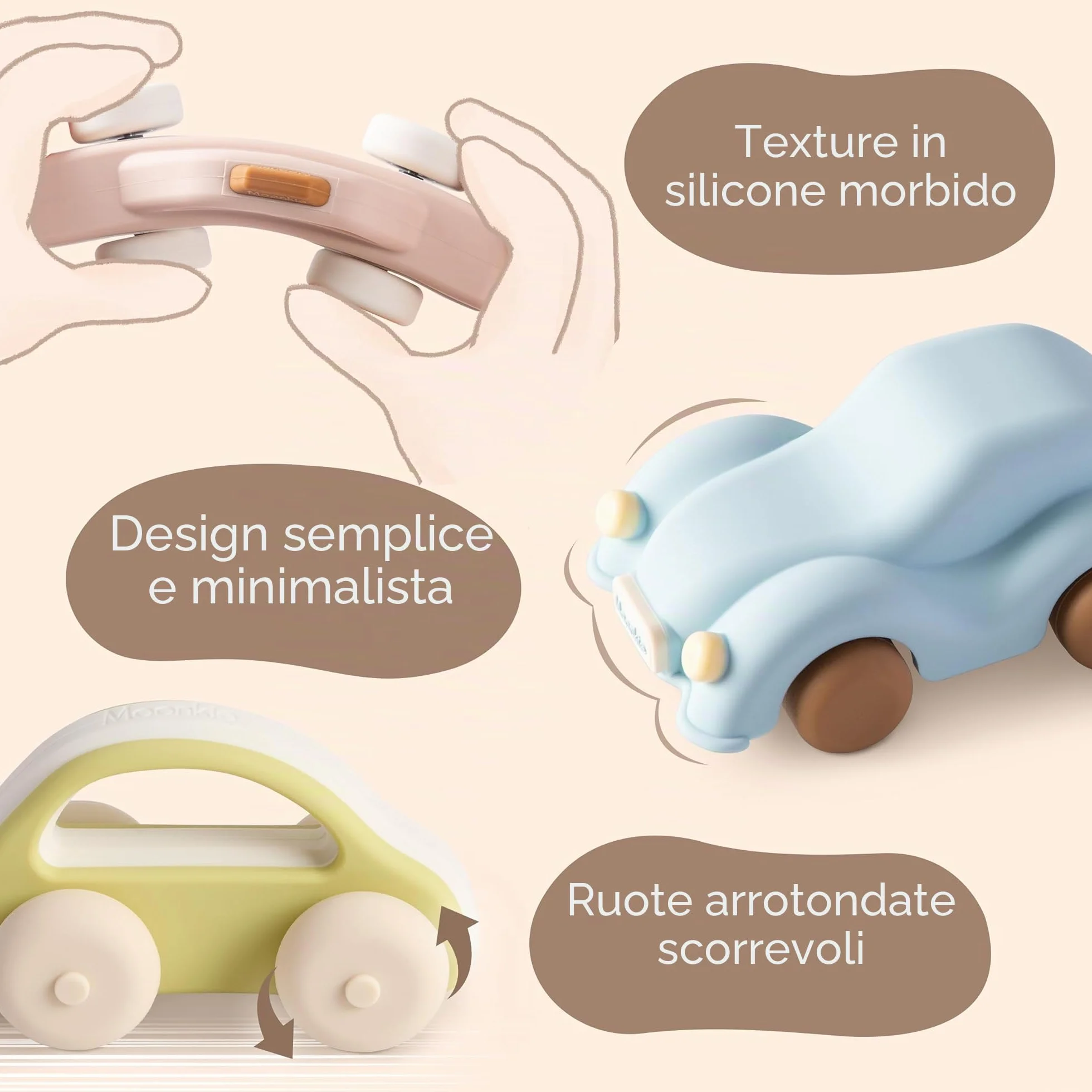 Moonkie Roll & Go Macchinine per Bambini, Set da 3, Regalo Bambino 1 2 3 Anno, Giochi Bambini in Silicone 6 Mesi+, Senza BPA, Massaggia Gengive Neonati, per Maschi e Femmine, Giochi Montessori