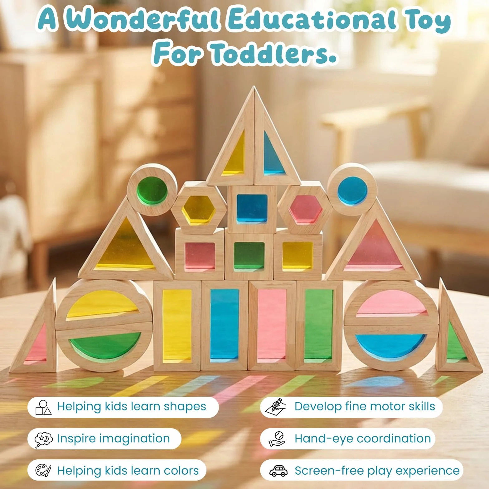 WOODENFUN Montessori, 32 blocchi di luce in acrilico arcobaleno, per bambini, in legno di gomma, trasparenti, arcobaleno, acrilico (22 pezzi)