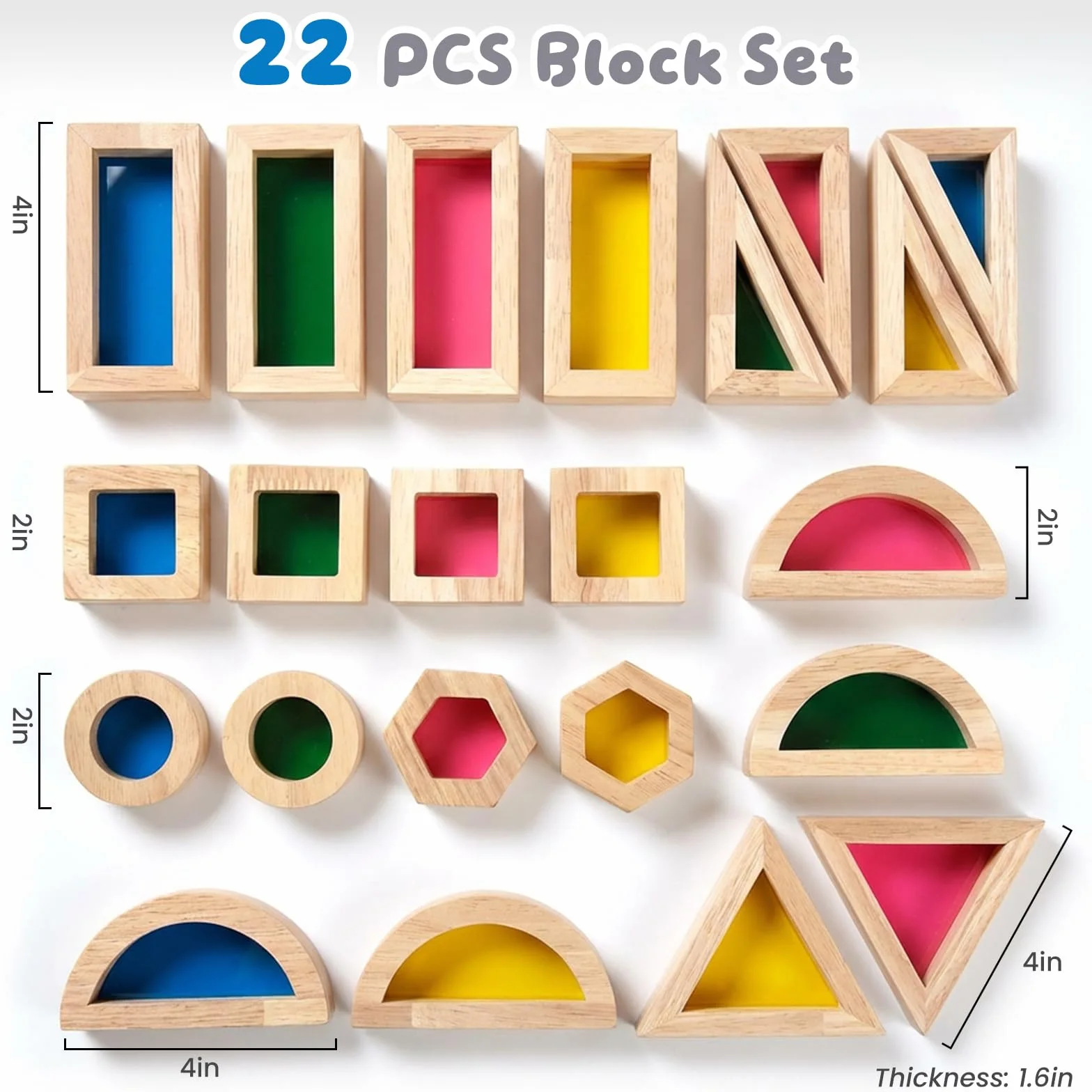 WOODENFUN Montessori, 32 blocchi di luce in acrilico arcobaleno, per bambini, in legno di gomma, trasparenti, arcobaleno, acrilico (22 pezzi)