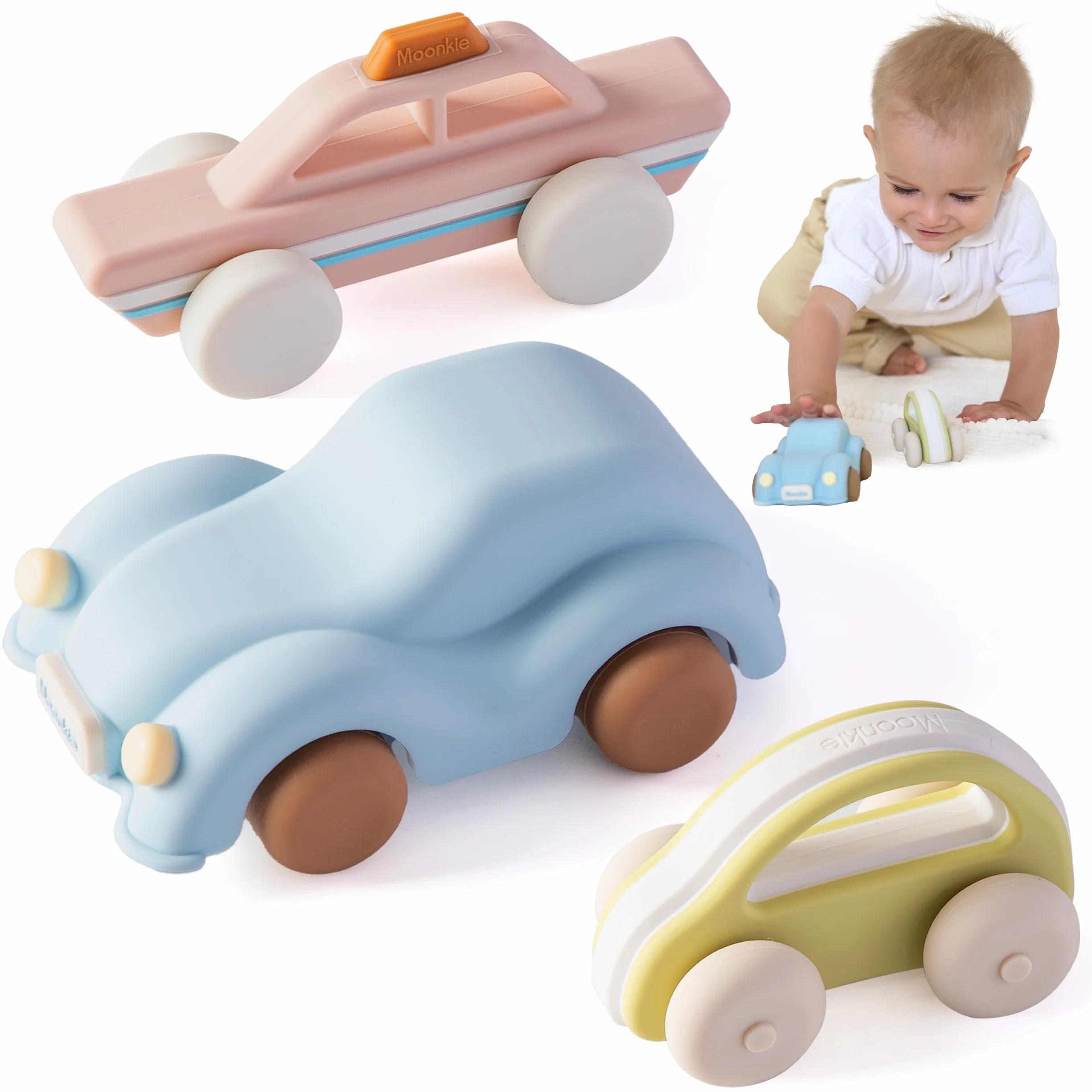 Moonkie Roll & Go Macchinine per Bambini, Set da 3, Regalo Bambino 1 2 3 Anno, Giochi Bambini in Silicone 6 Mesi+, Senza BPA, Massaggia Gengive Neonati, per Maschi e Femmine, Giochi Montessori