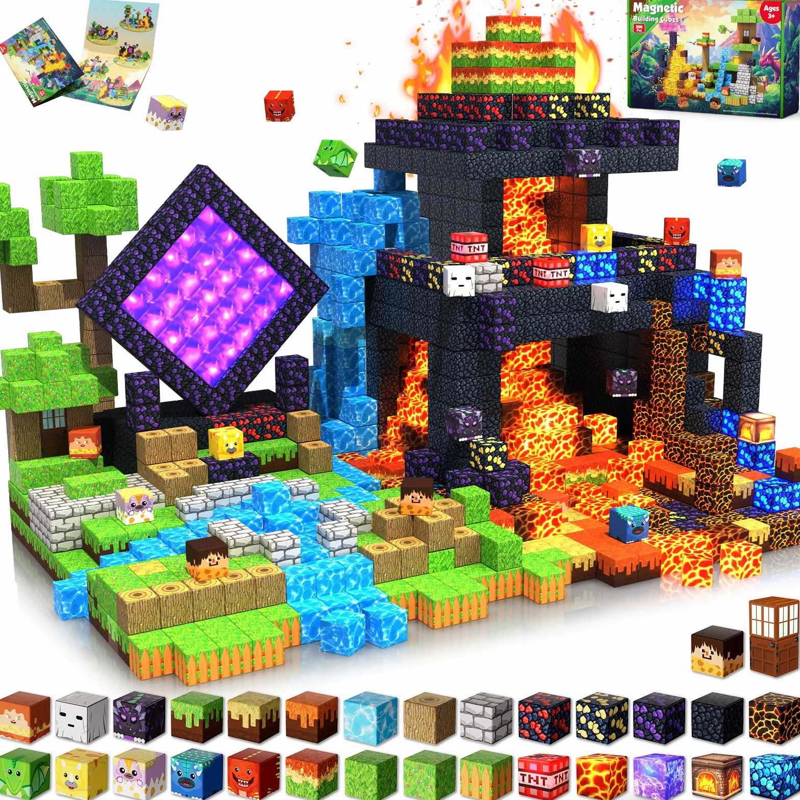 GraceDuck Costruzioni Magnetiche per Bambini 300 Pezzi Set Dinosauri e Vulcano - Blocchi Magnetici con Lava e Foresta - Magnetic Building Blocks Creativi Giocattolo Montessori 3-9 Anni - Regalo STEM