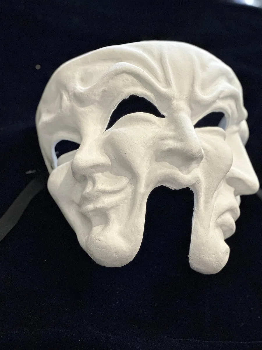 Maschera teatrale bianca vuota con 3 facce - Per decorare, dipingere e indossare.