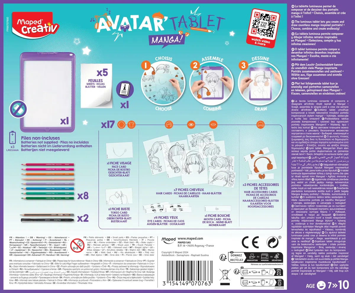Maped Creativ Avatar'Tablet Manga - Macchina da disegno luminosa, per comporre ritratti Manga all'infinito, tavoletta luminosa con schede, modelli e materiali da disegno, a partire dai 7 anni