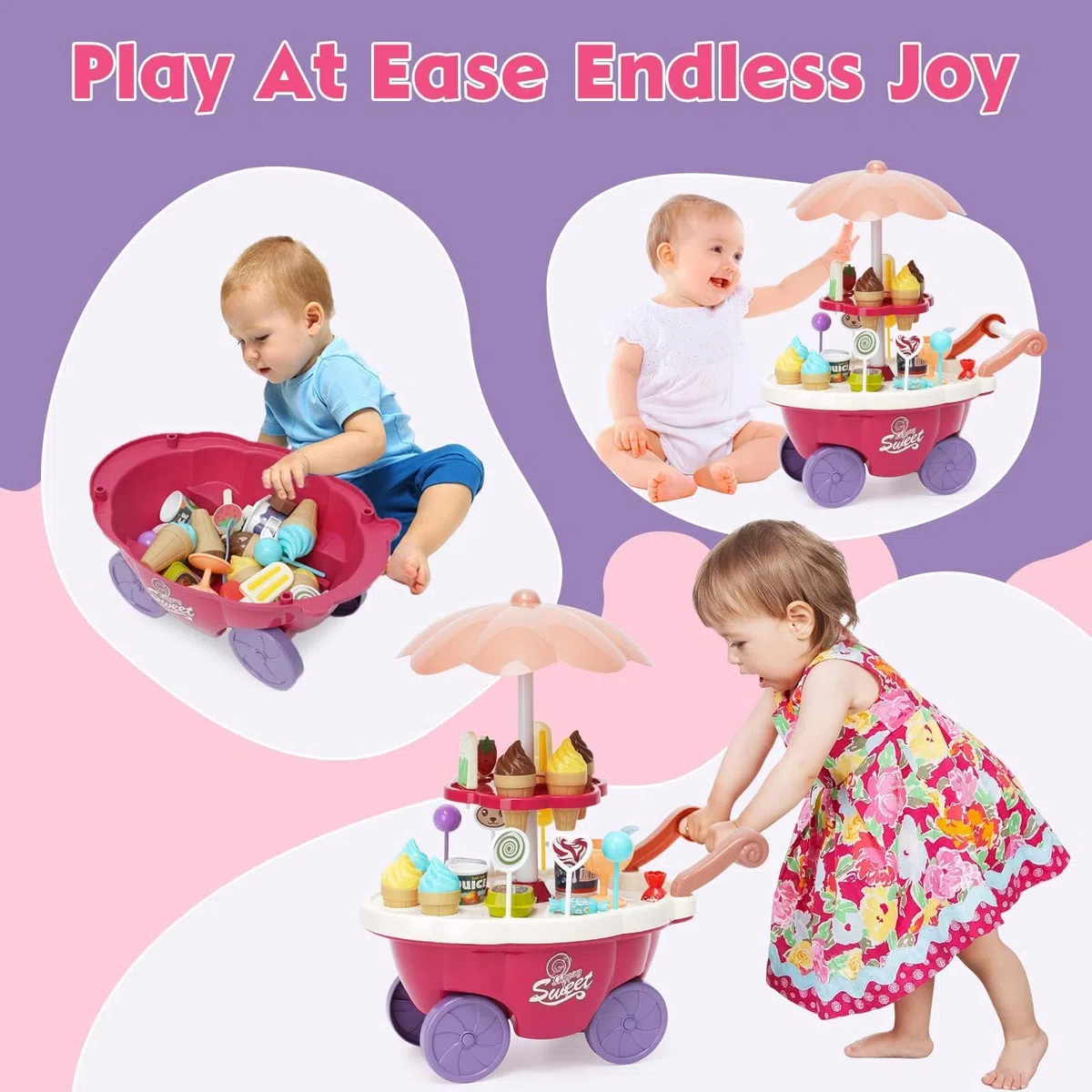 Carrello dei Gelati Bambini, Gelateria Giocattolo 36 Pezzi, Carretto Gelato Giocattolo con Deposito, Giochi di Ruolo Regalo per Bambina 3 Anni