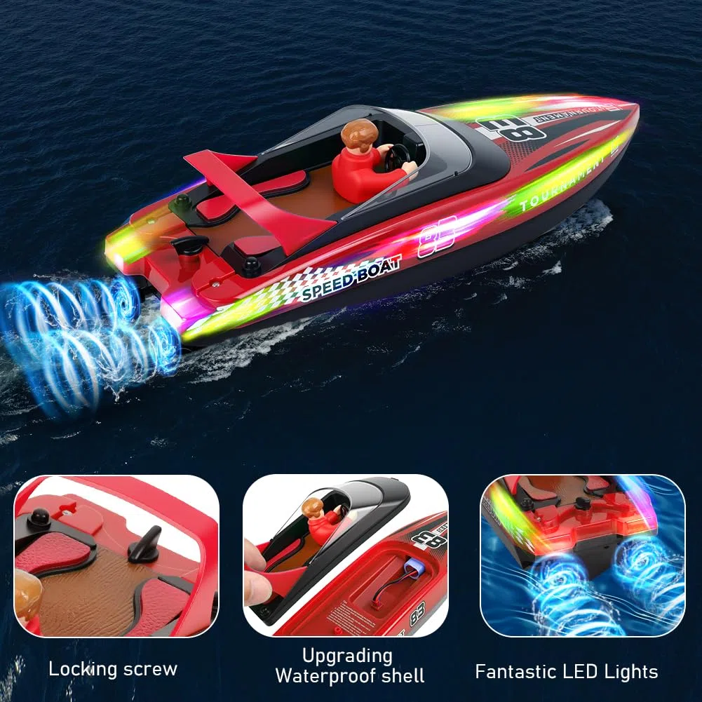 HOTUT Barca Telecomandata per Bambini, Impermeabile Barca da Corsa RC ad Alta Velocità da 2,4 GHz con Luce LED, Telecomando Barca Ricaricabile con Fantoccio, Motoscafo Giocattolo per Adulti e Bambini