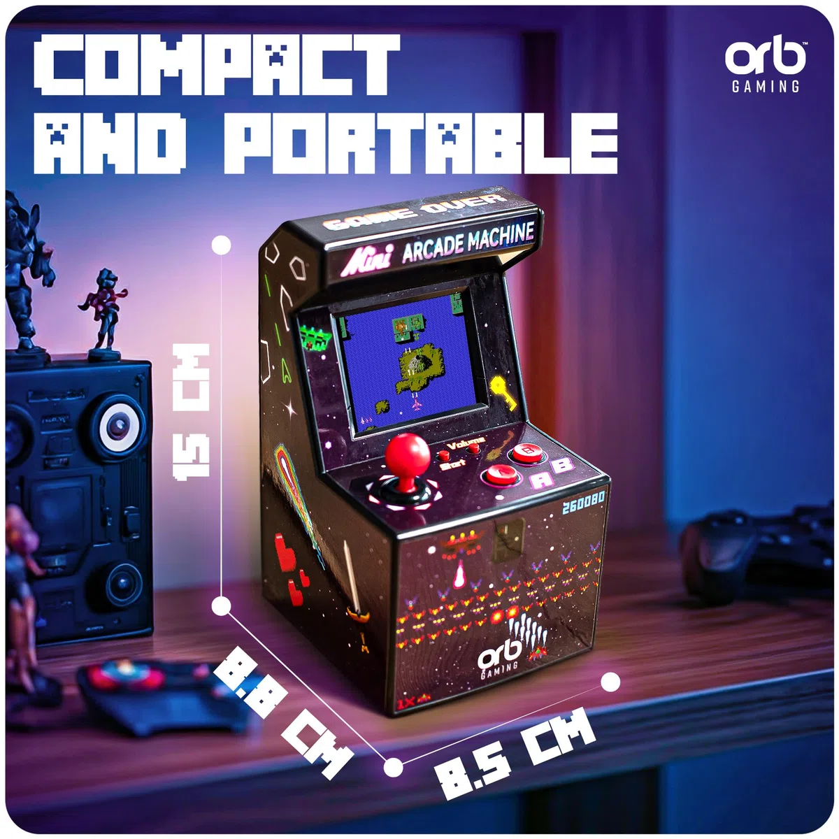 Mini macchina arcade, 240 giochi integrati, giochi arcade retrò a 8 bit, schermo a colori da 2,5", joystick a 8 direzioni, 2 pulsanti, controllo del volume, regalo perfetto - ThumbsUp!