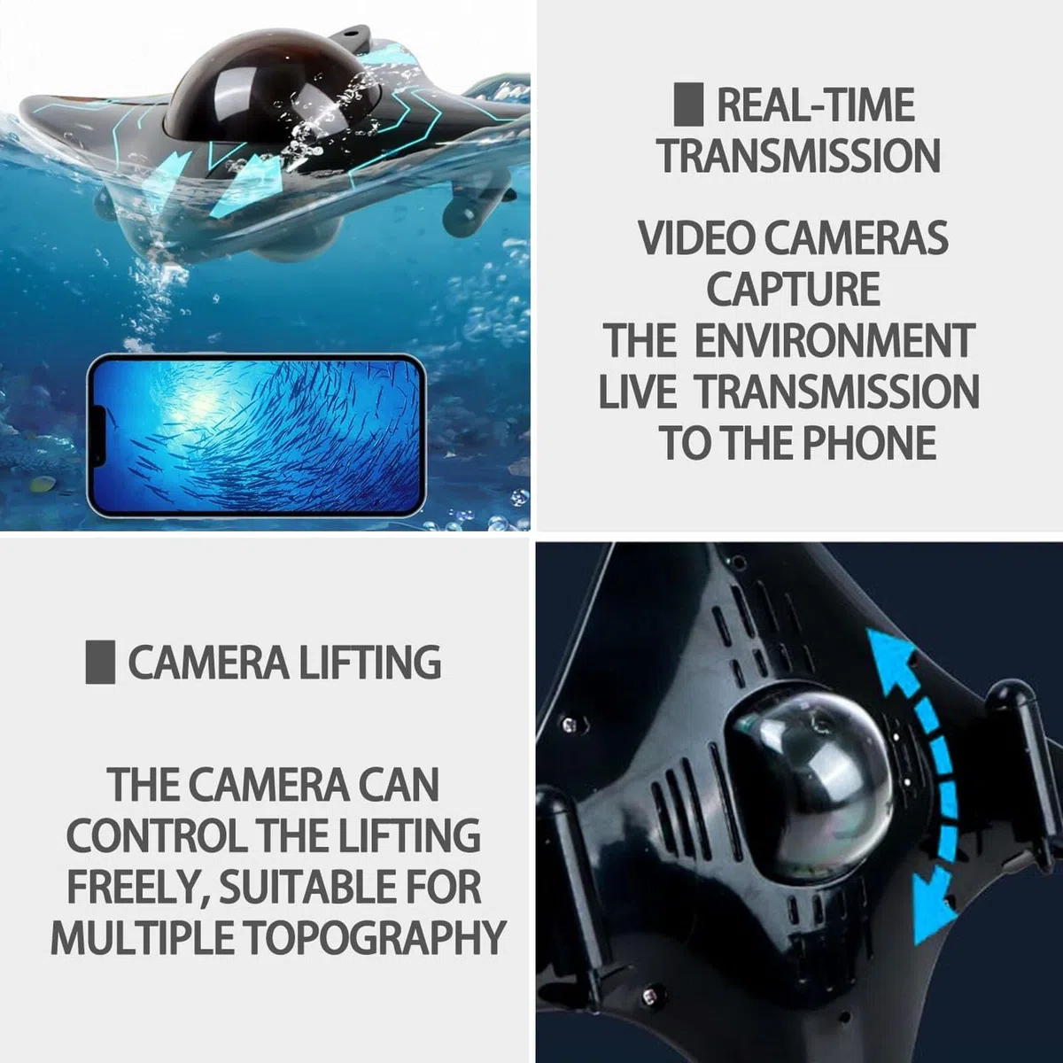 Drone subacqueo, connettività wireless, controllo app intelligente, trasmissione immagine in tempo reale Full HD 1080p, dotato di fari LED, per esplorazione subacquea e giocattoli per adulti