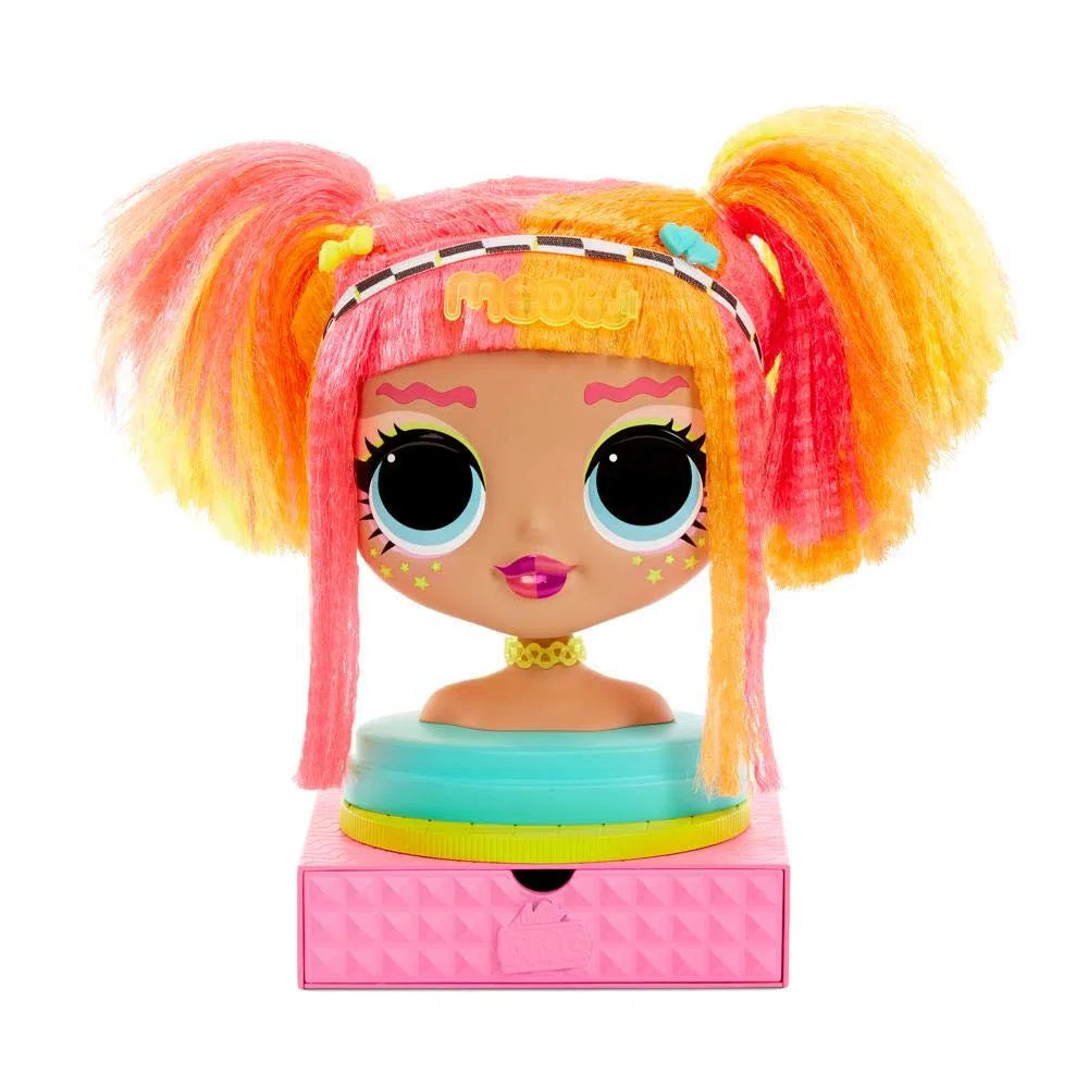 LOL Surprise OMG Testa da Acconciare con Capelli Adesivi per Stili Infiniti, 30 Sorprese e Accessori, Neonlicious