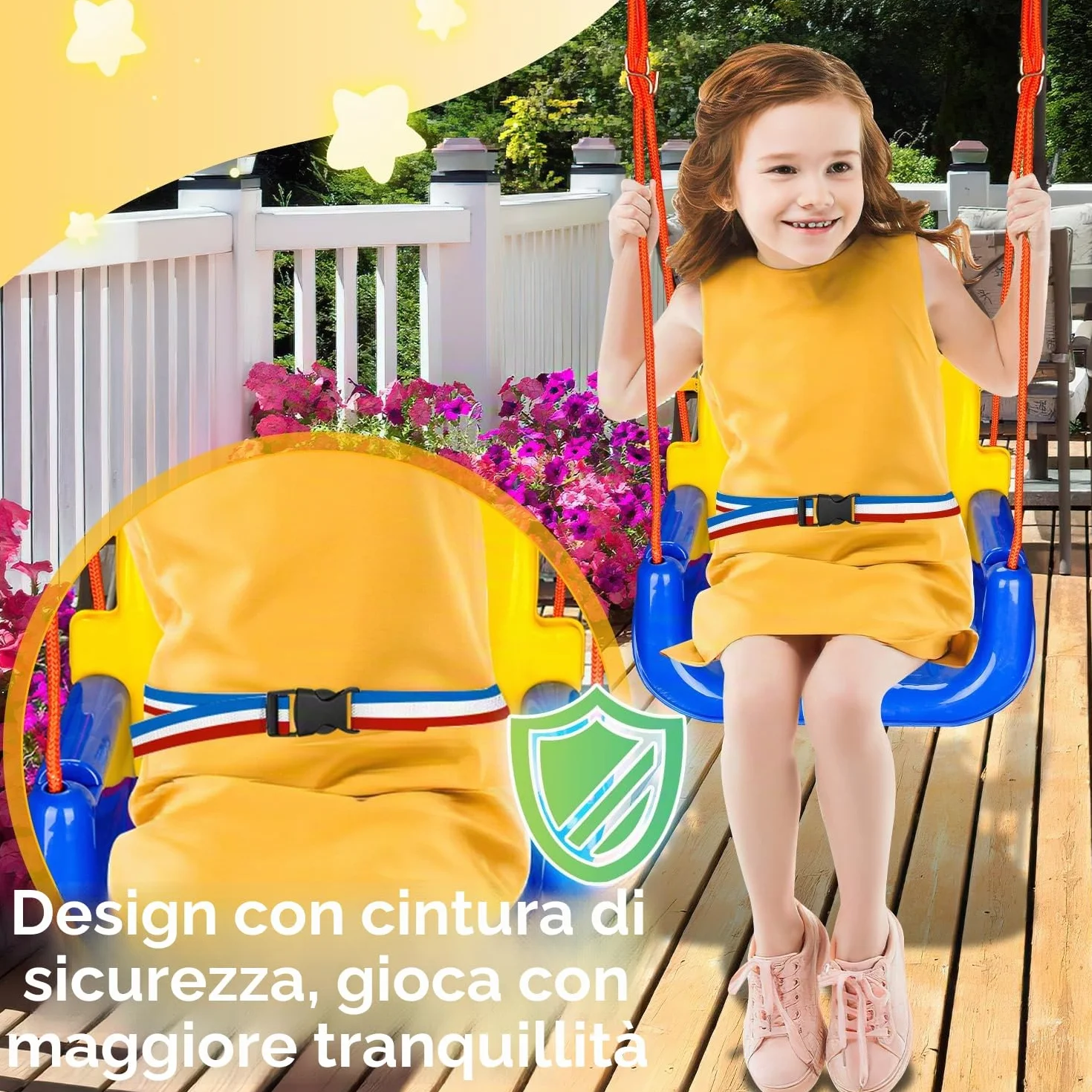 Altalena per bambini 3 in 1, rimovibile, regolabile in altezza, altalena da giardino per bambini con schienale e cintura di sicurezza, per interni ed esterni, portata fino a 50 kg