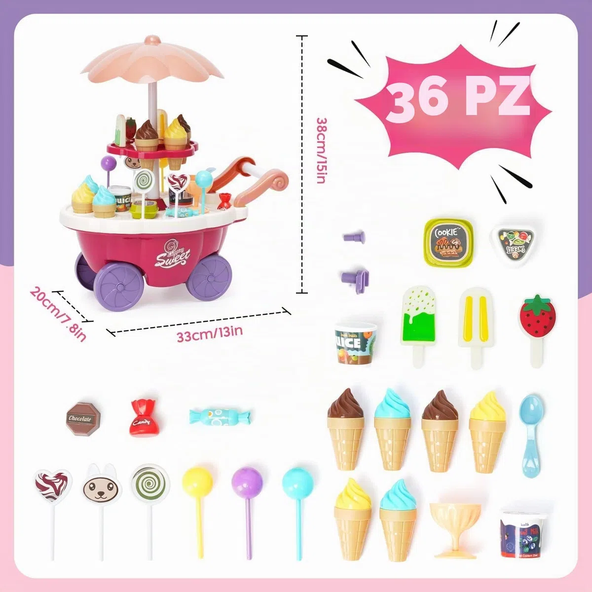 Carrello dei Gelati Bambini, Gelateria Giocattolo 36 Pezzi, Carretto Gelato Giocattolo con Deposito, Giochi di Ruolo Regalo per Bambina 3 Anni