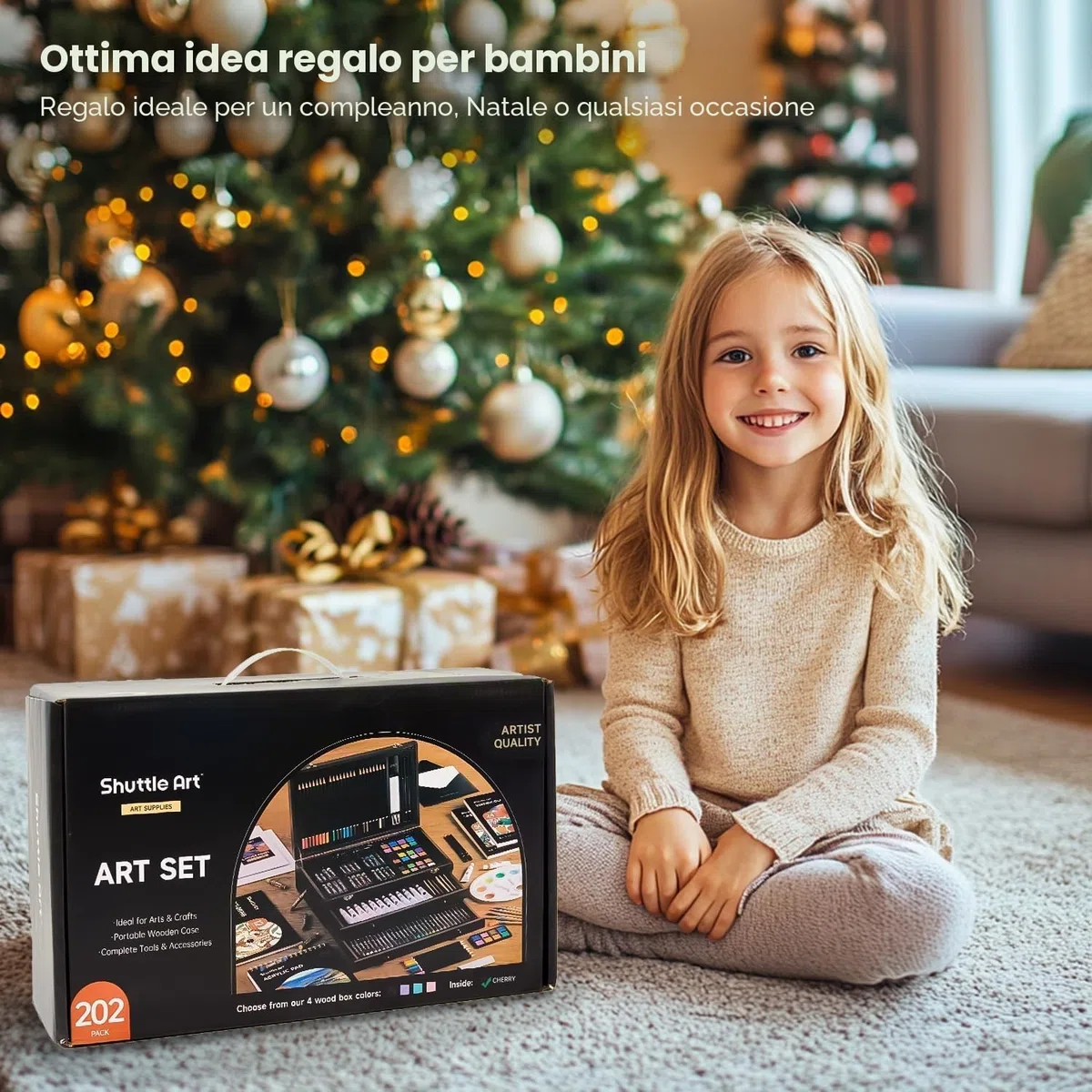 Shuttle Art Kit artistico deluxe da 202 pezzi in legno con blocchi da disegno, tele, fogli da colorare, colori acrilici, pastelli e matite colorate