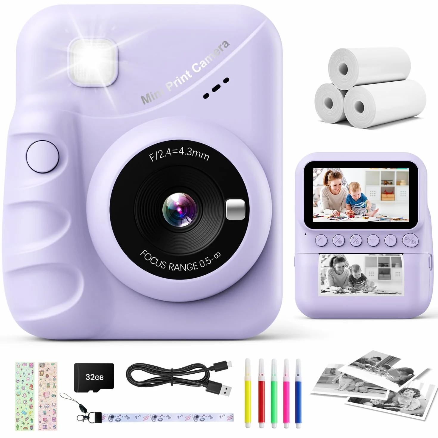 CalineGam Macchina Fotografica Bambini Istantanea, 3,0'' Schermo HD 48MP Fotocamera Digitale Bambini con Scheda da 32GB, Camera Giocattolo Regalo per Ragazzi e Ragazze dai 3 ai 12 Anni (Viola)